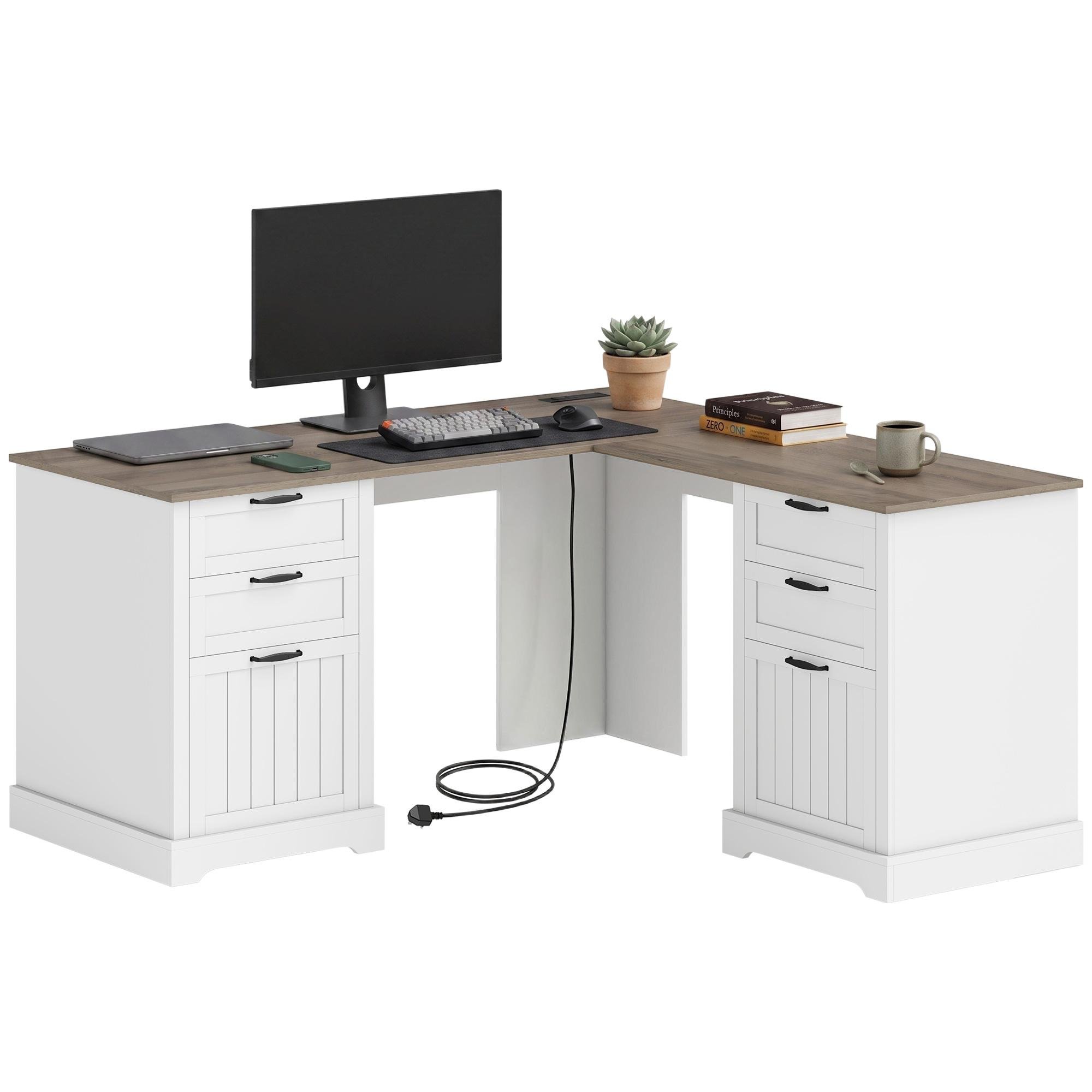 Brown White L Shaped Desk with Six Drawers