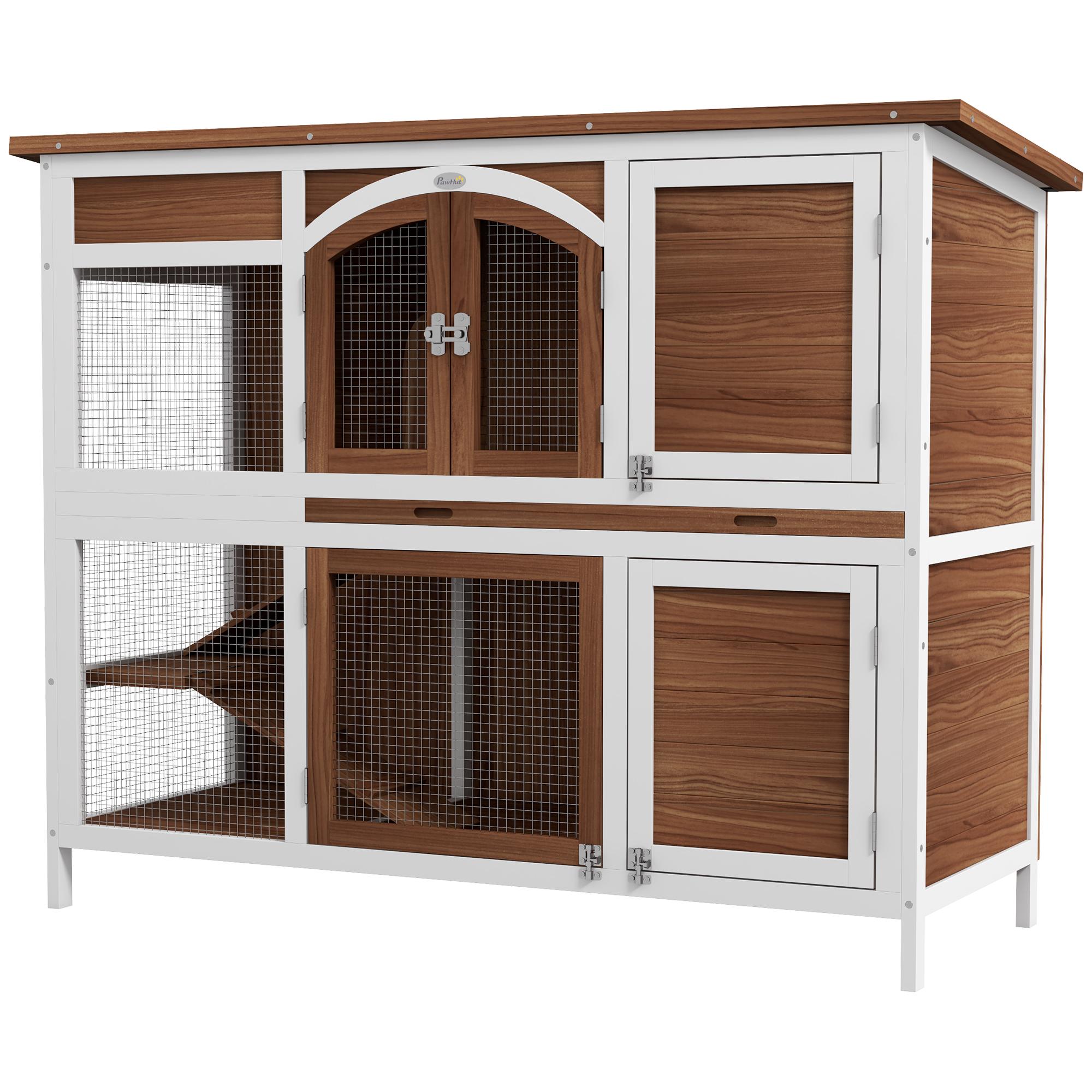 Two Tier Brown Rabbit Hutch with Openable Roof