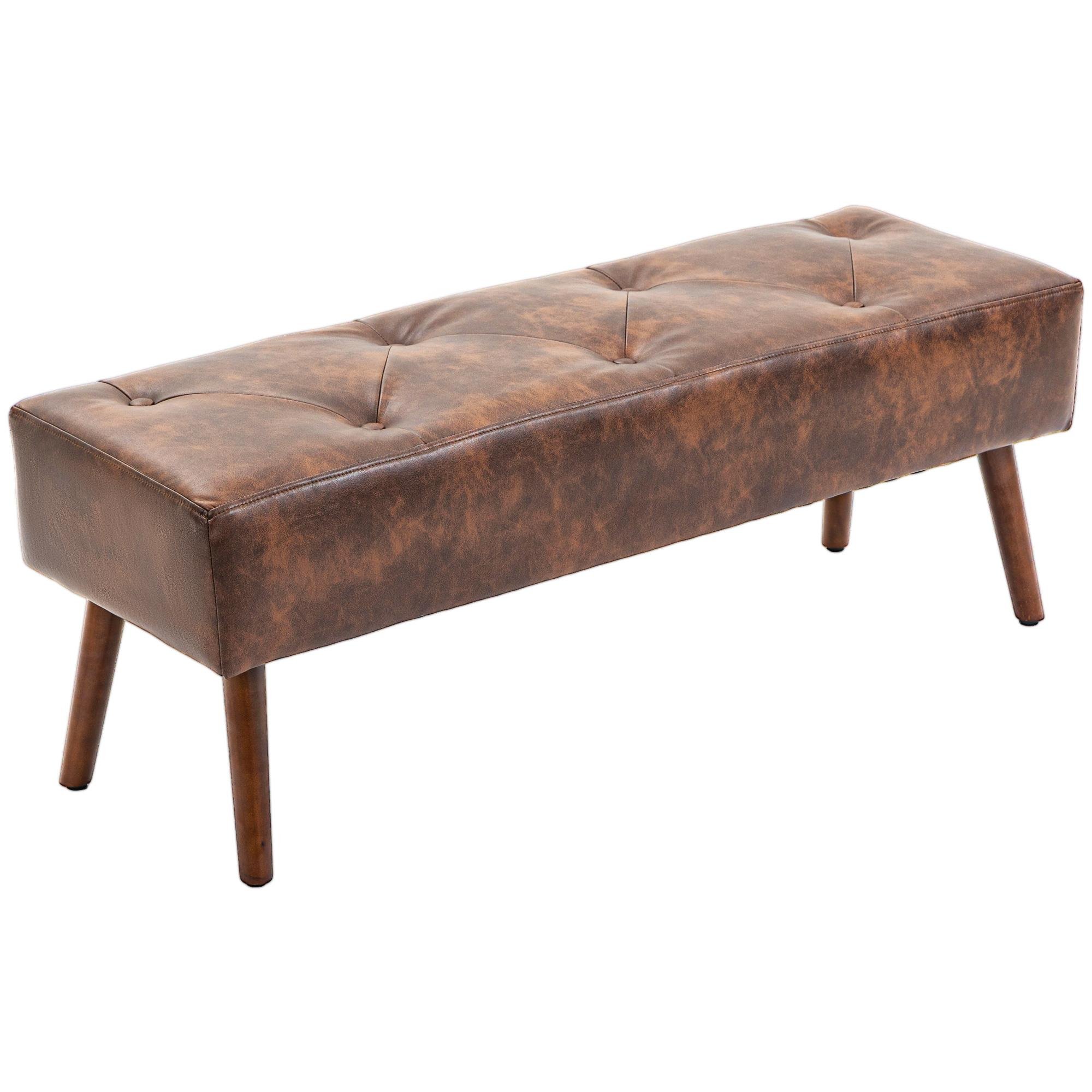 Brown Button Tufted Bench with PU Upholstery, 44.9 in