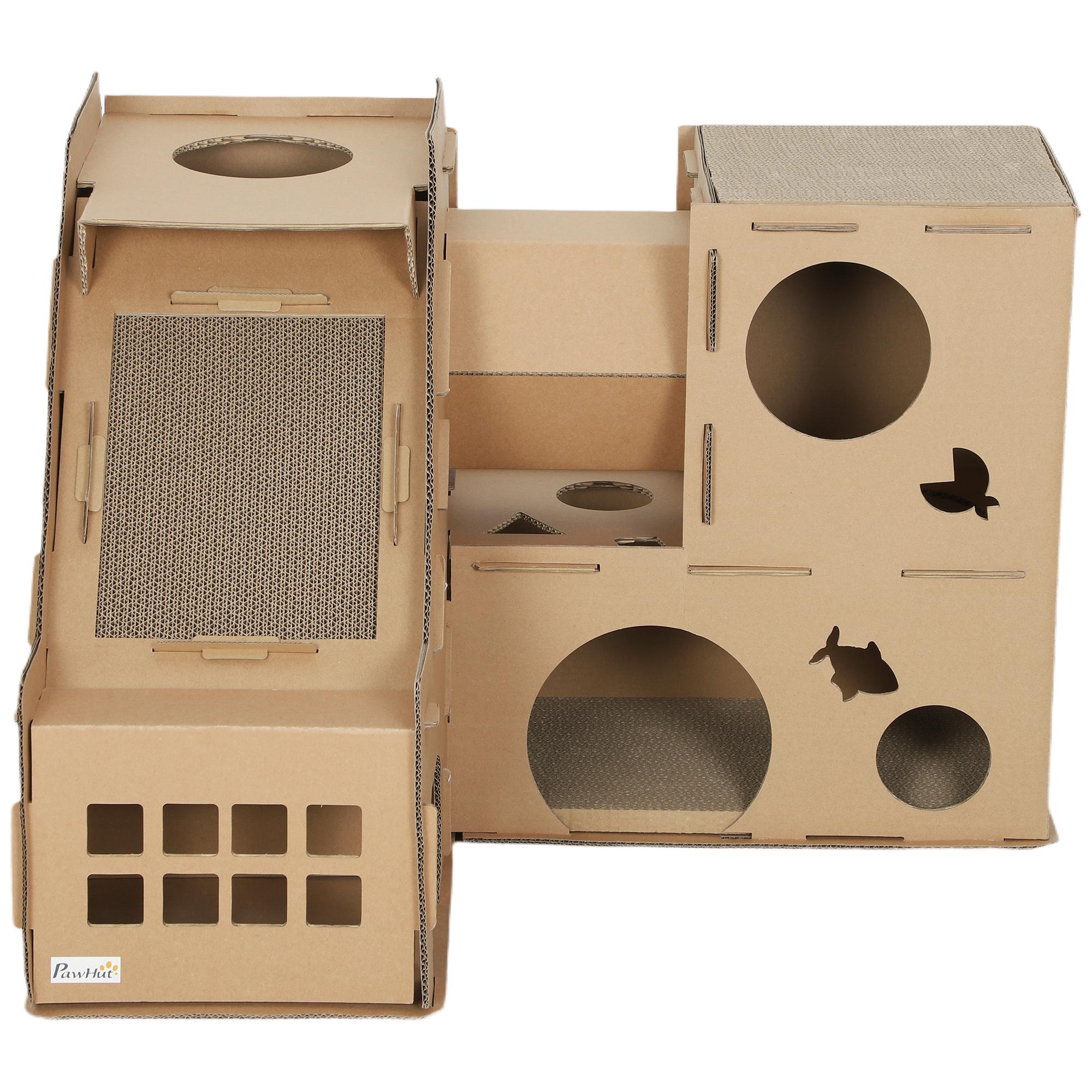 Brown Cardboard Cat House with Three Scratching Pads