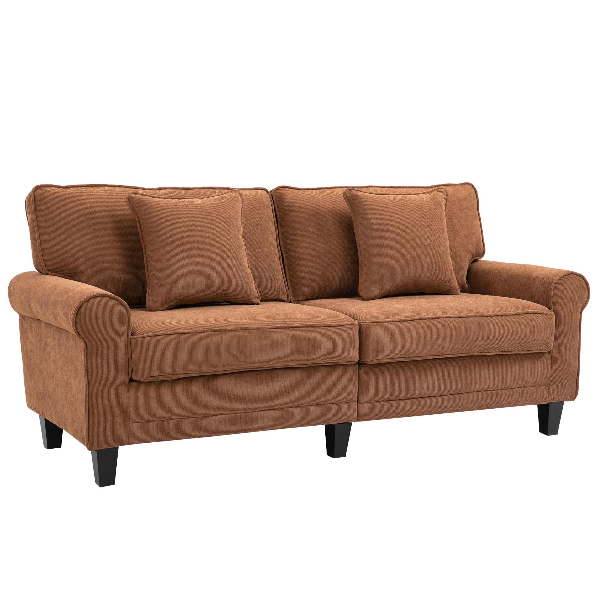 Brown Corduroy Three Seater Sofa with Rolled Arms