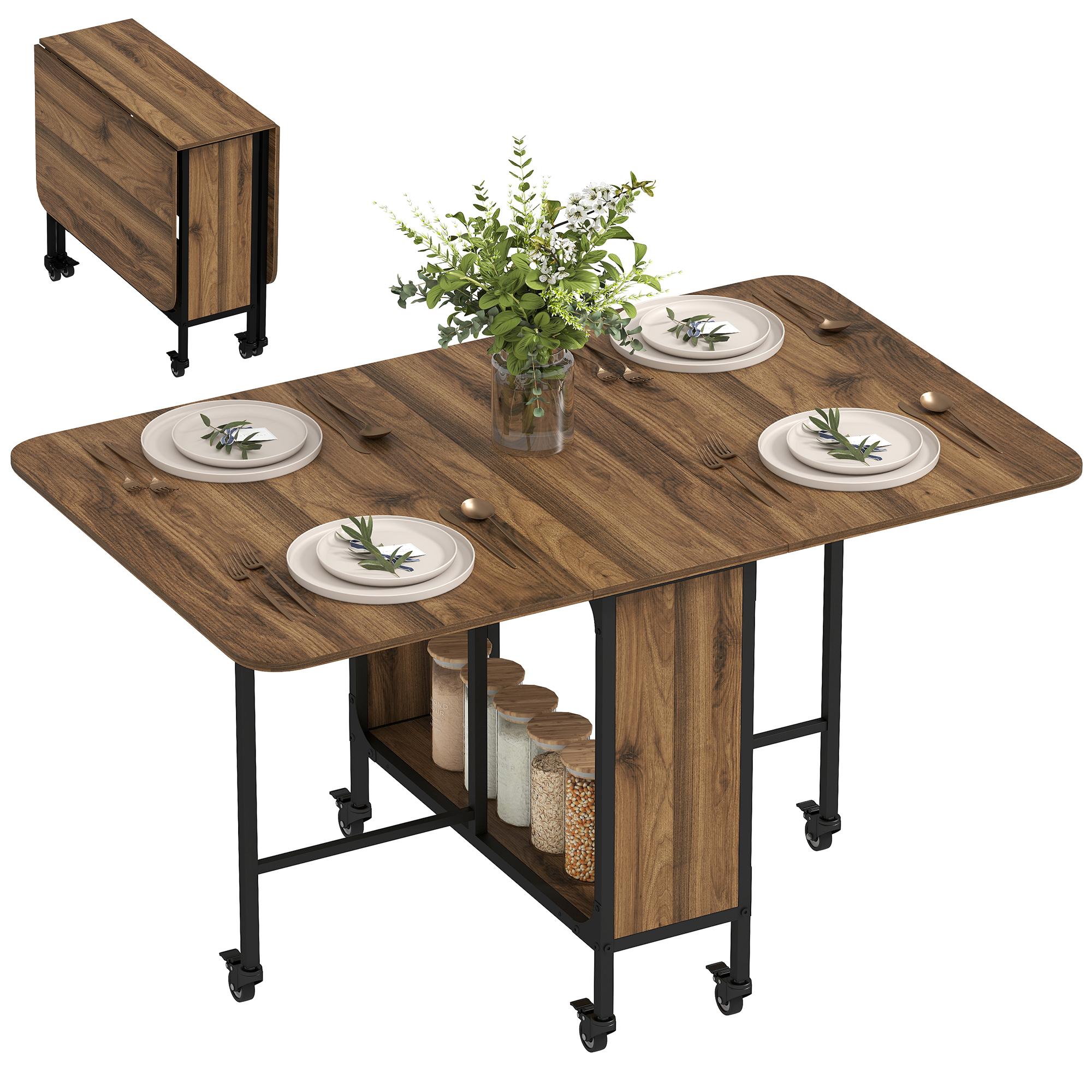 Brown Drop Leaf Dining Table with Storage and Casters