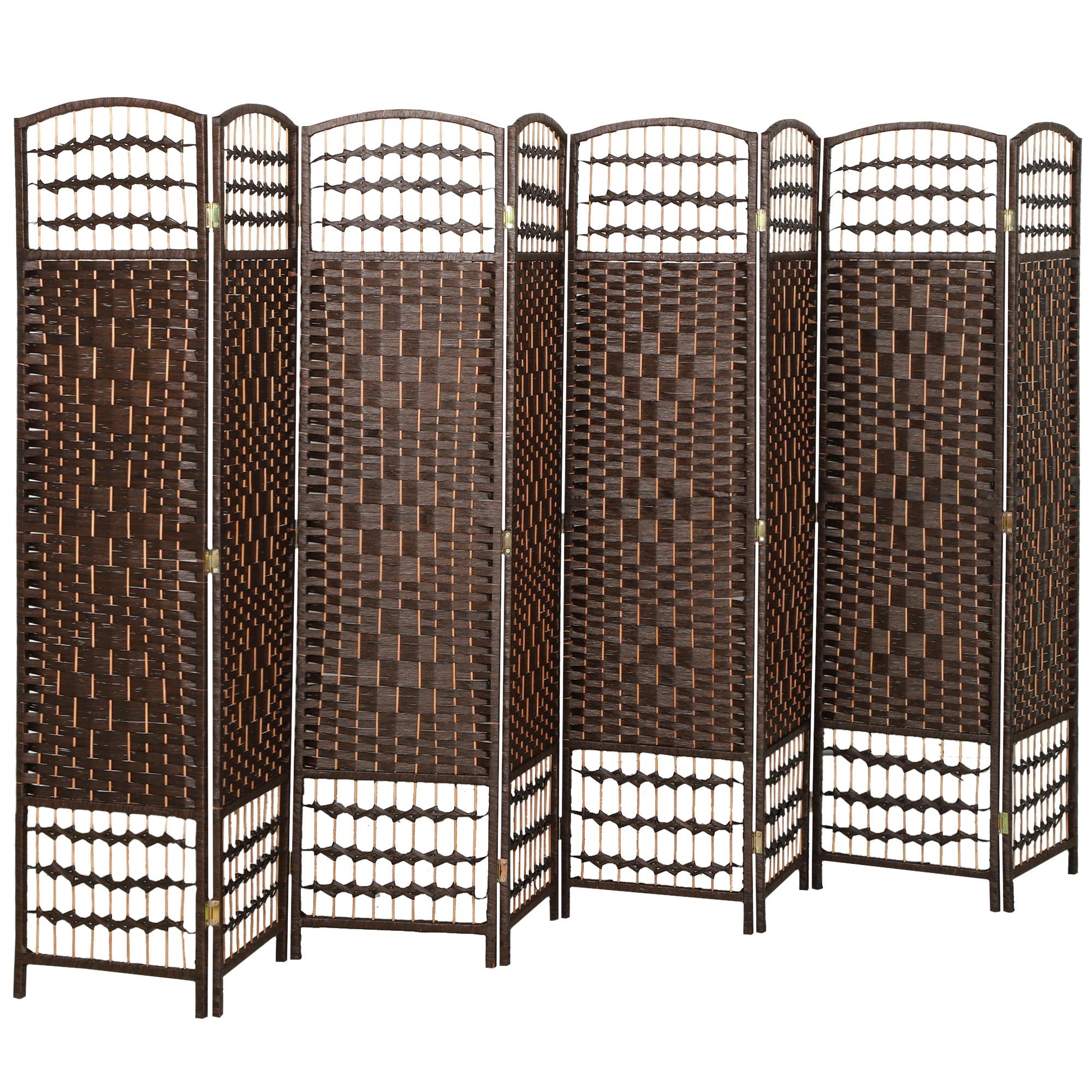 Brown 8 Panel Room Divider, Woven Privacy Screen for Home