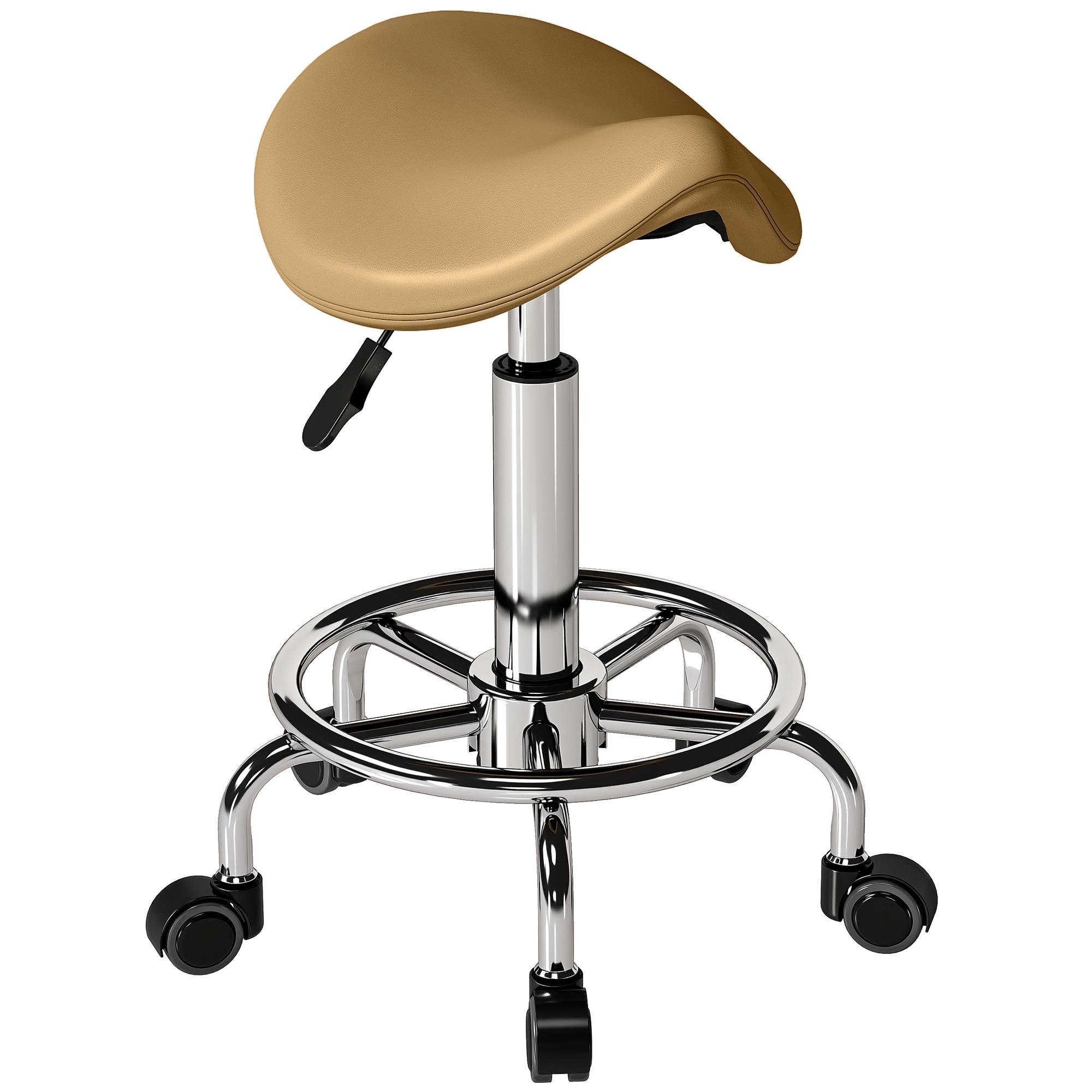 Brown Faux Leather Saddle Stool, Adjustable Rolling Chair