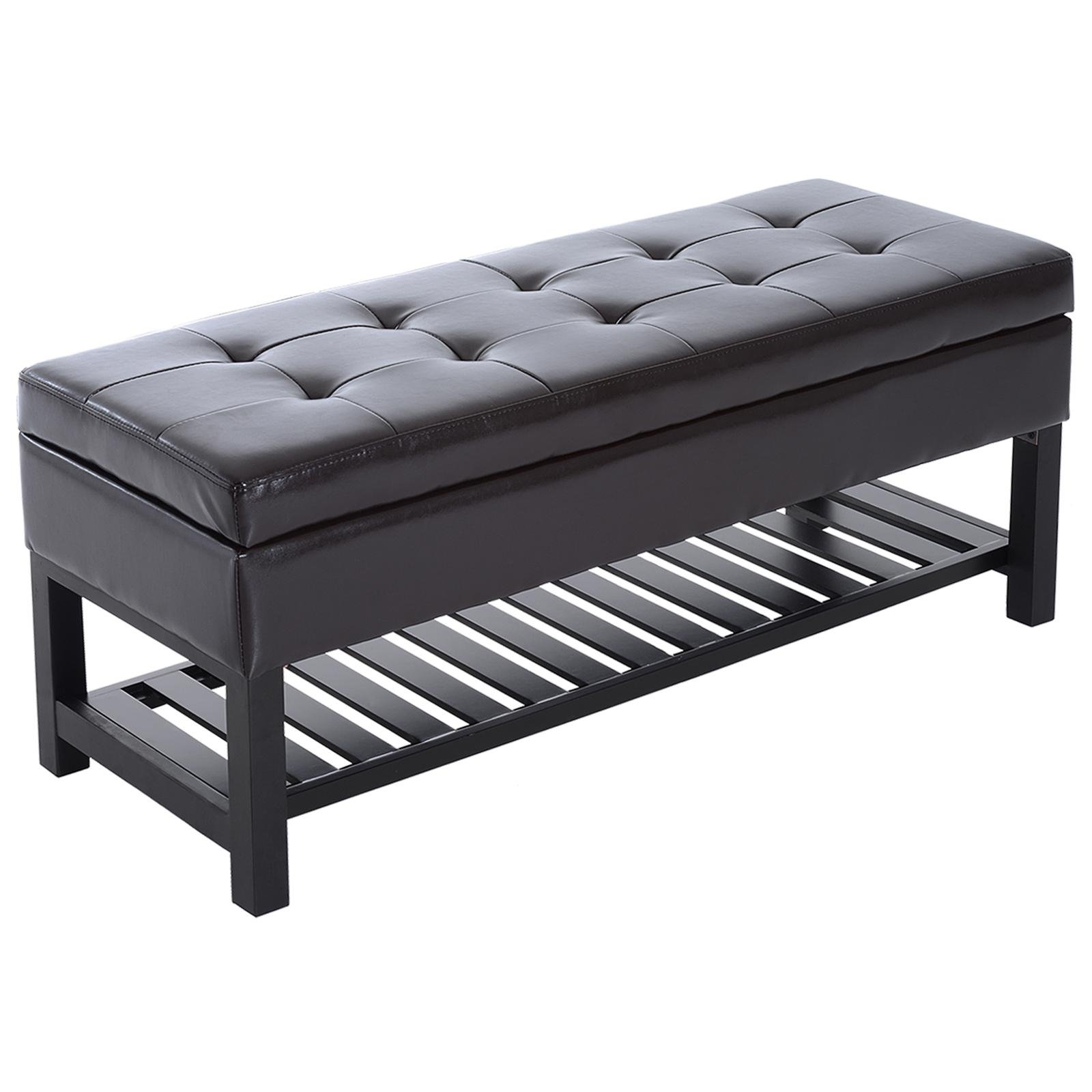Brown Faux Leather Shoe Bench with Tufted Seat, 44 in