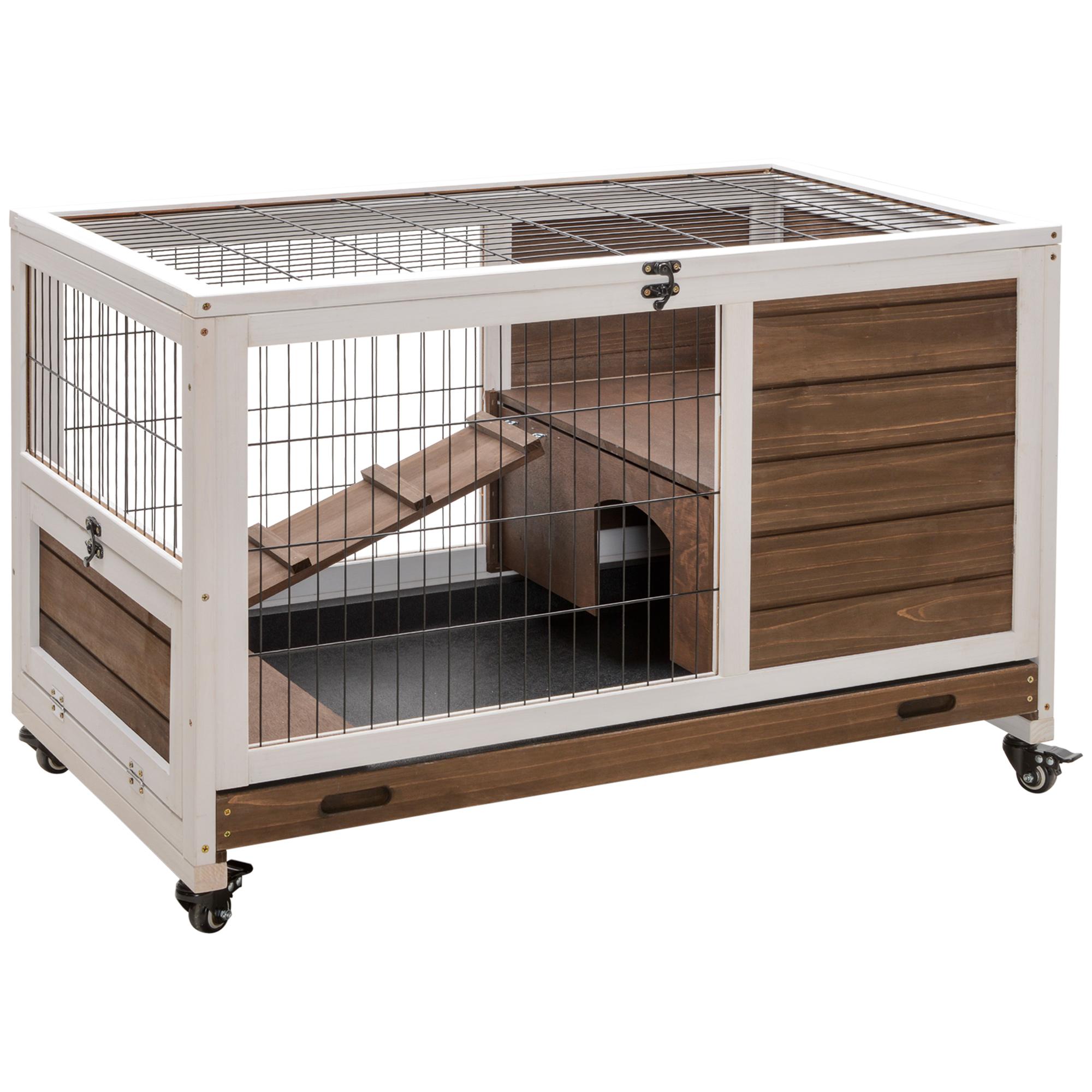 Brown Fir Rabbit Hutch with Wheels for Indoor Use