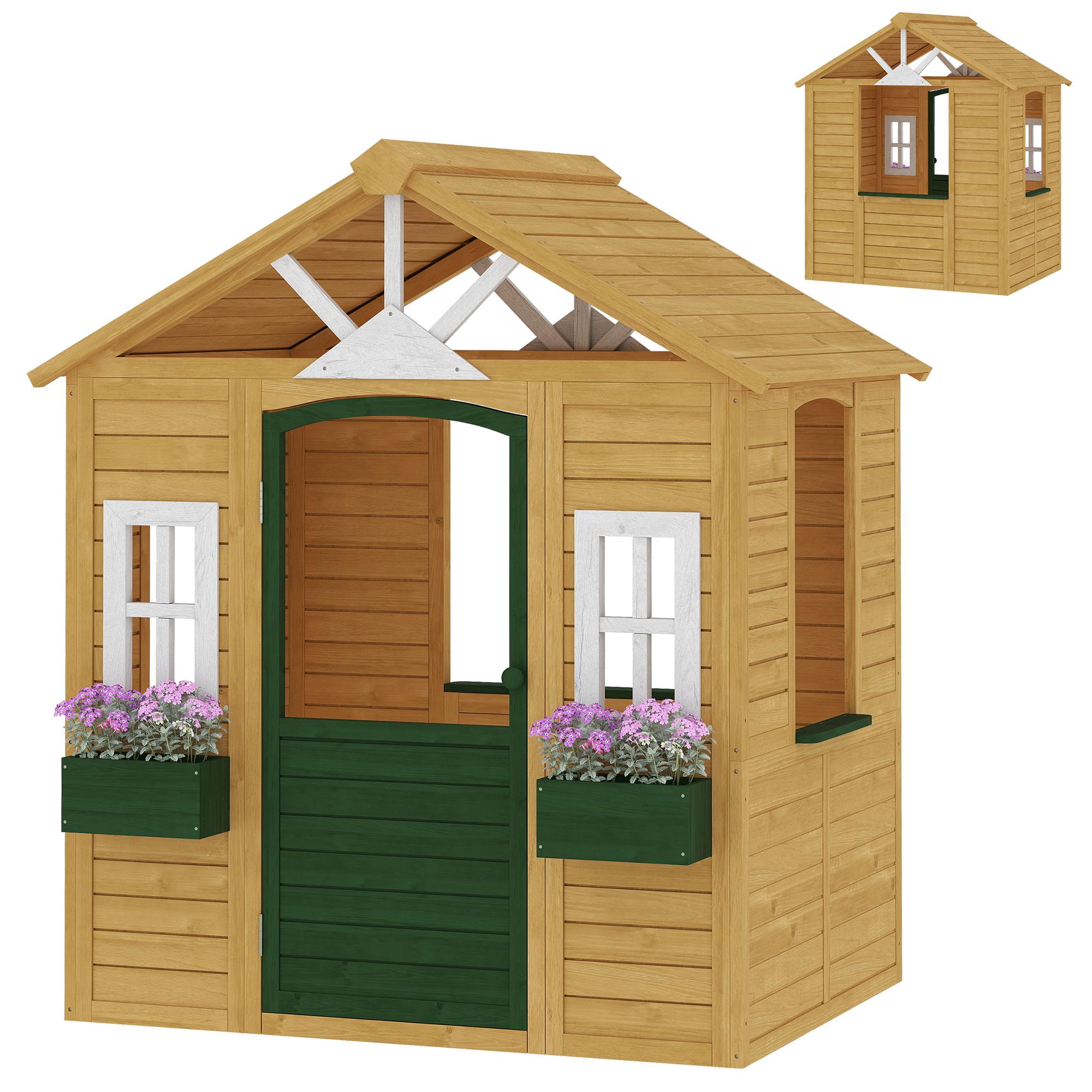 Brown Fir Wood Playhouse with Flower Boxes for Garden Play