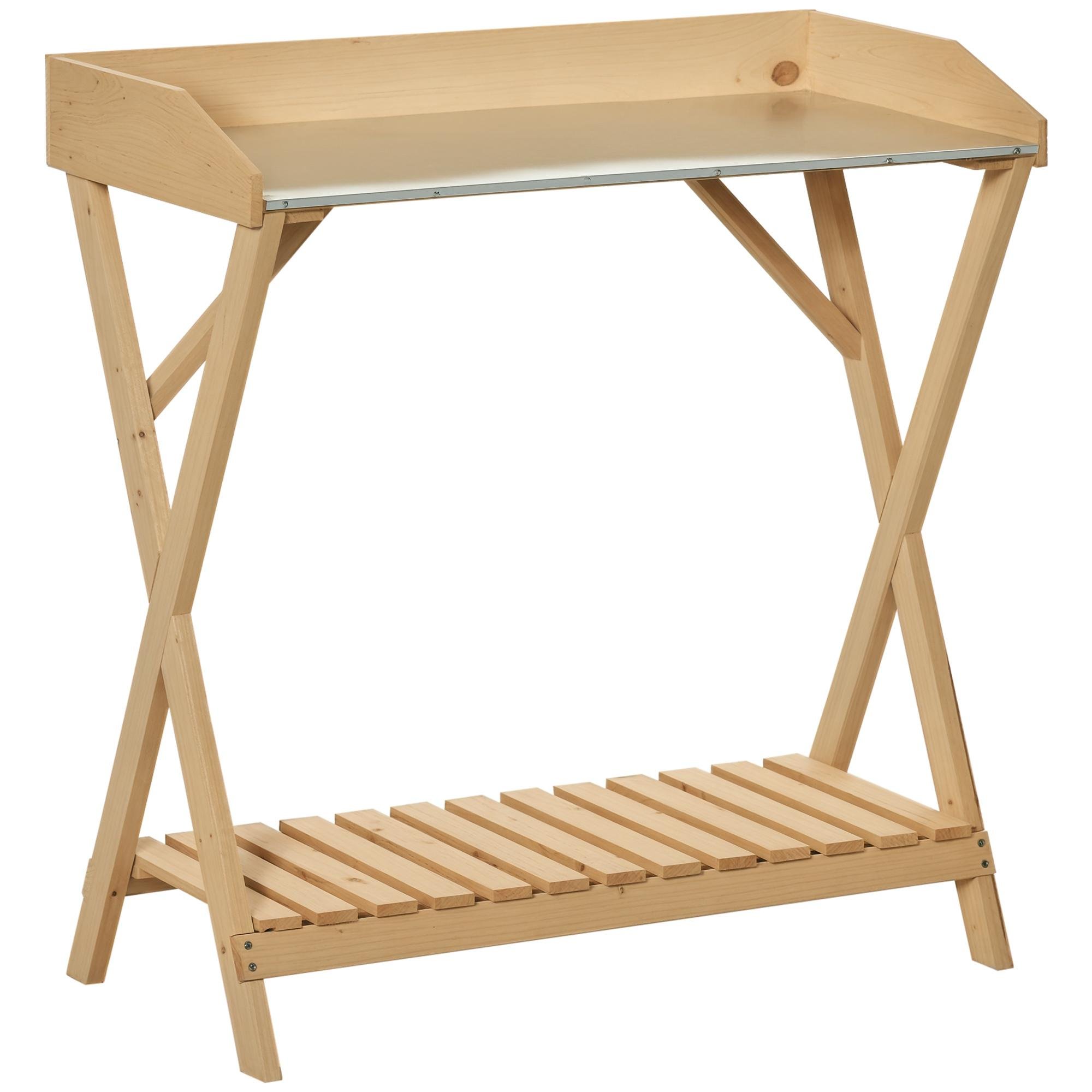 Brown Fir Wood Potting Bench with Galvanized Top