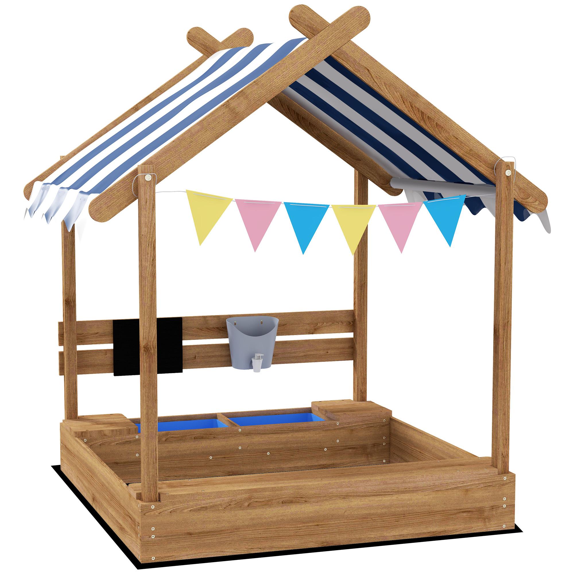Brown Fir Wood Sandbox Playhouse with Canopy
