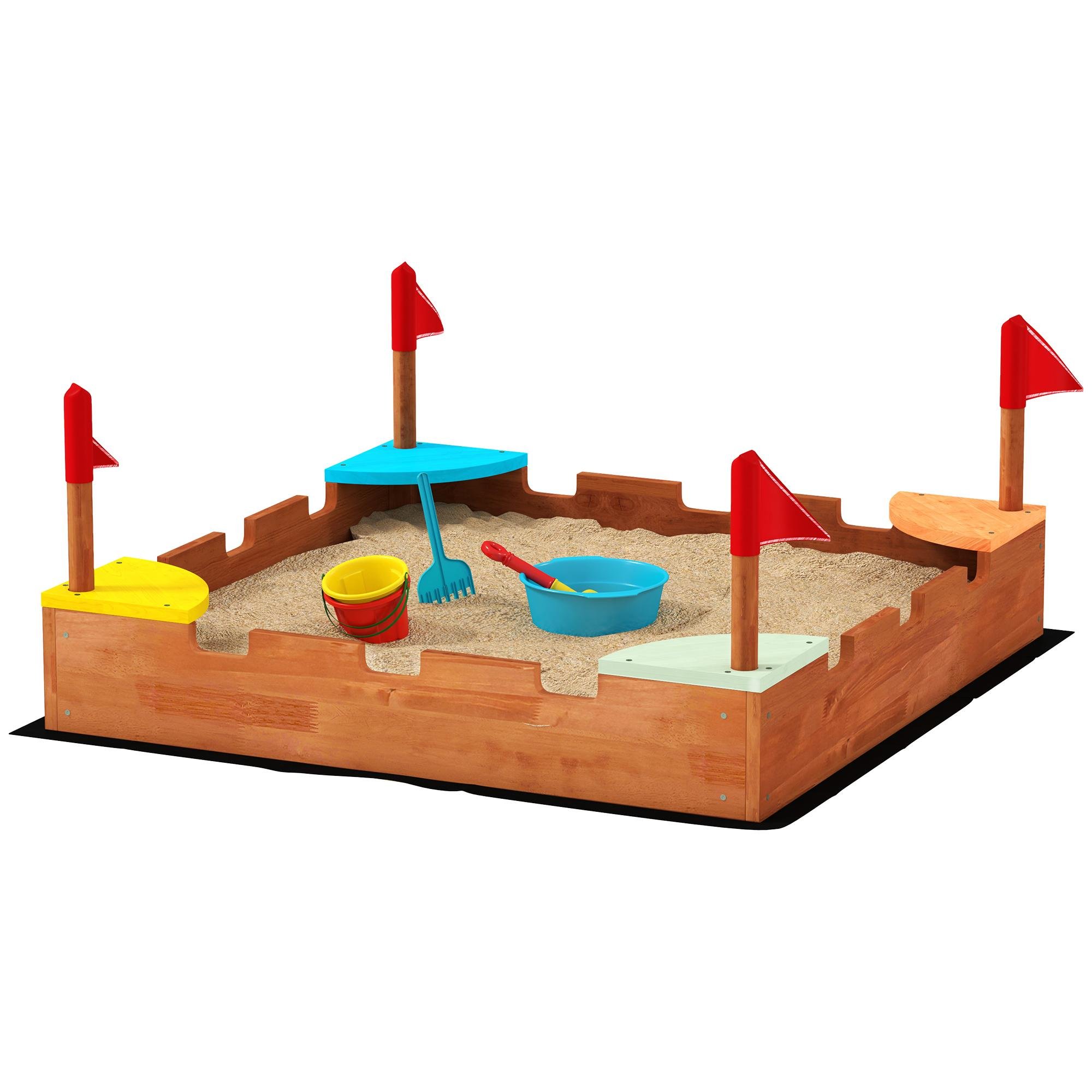 Brown Fir Wood Sandbox with Flags and Four Seats