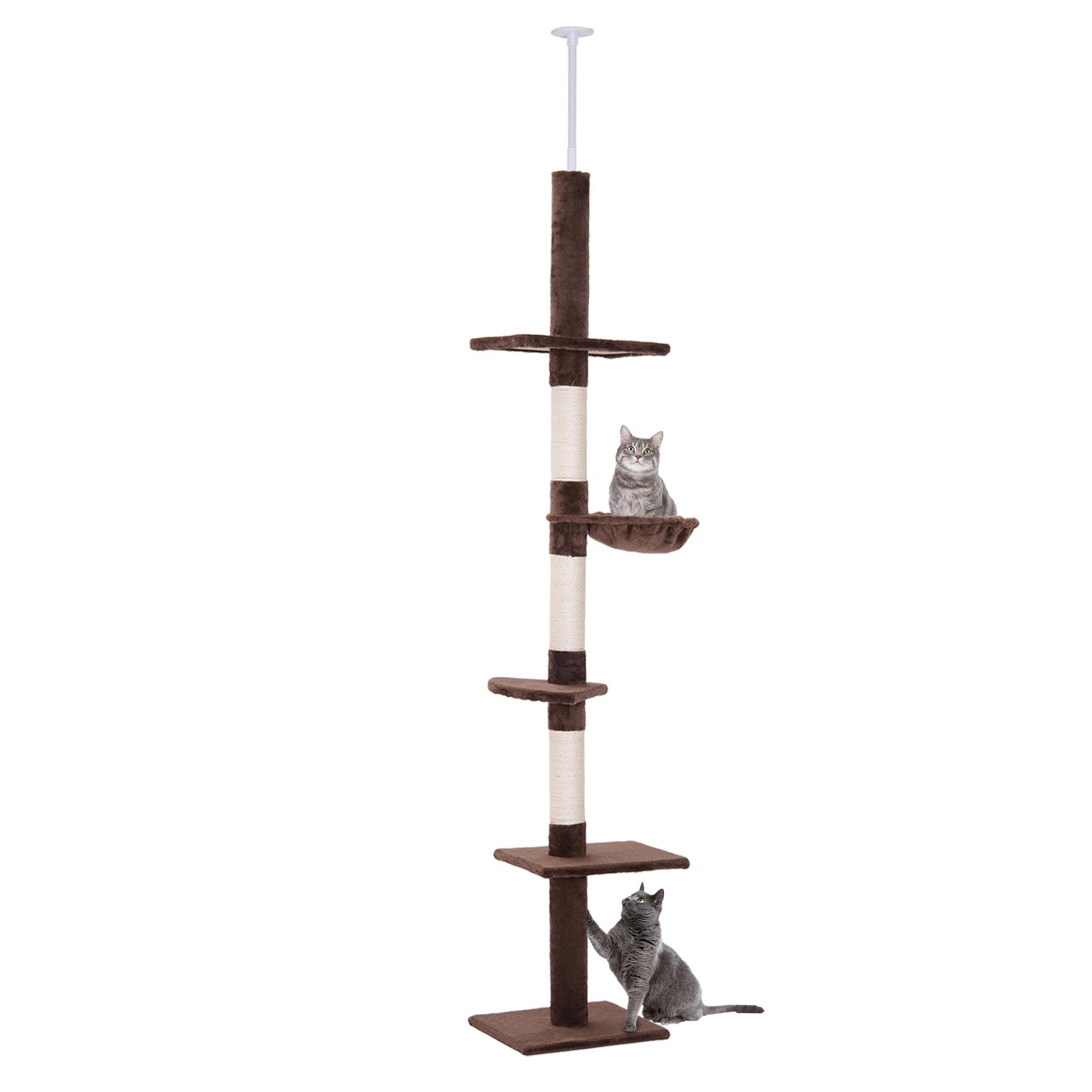 Brown Five-Tier Cat Tree with Floor-to-Ceiling Design