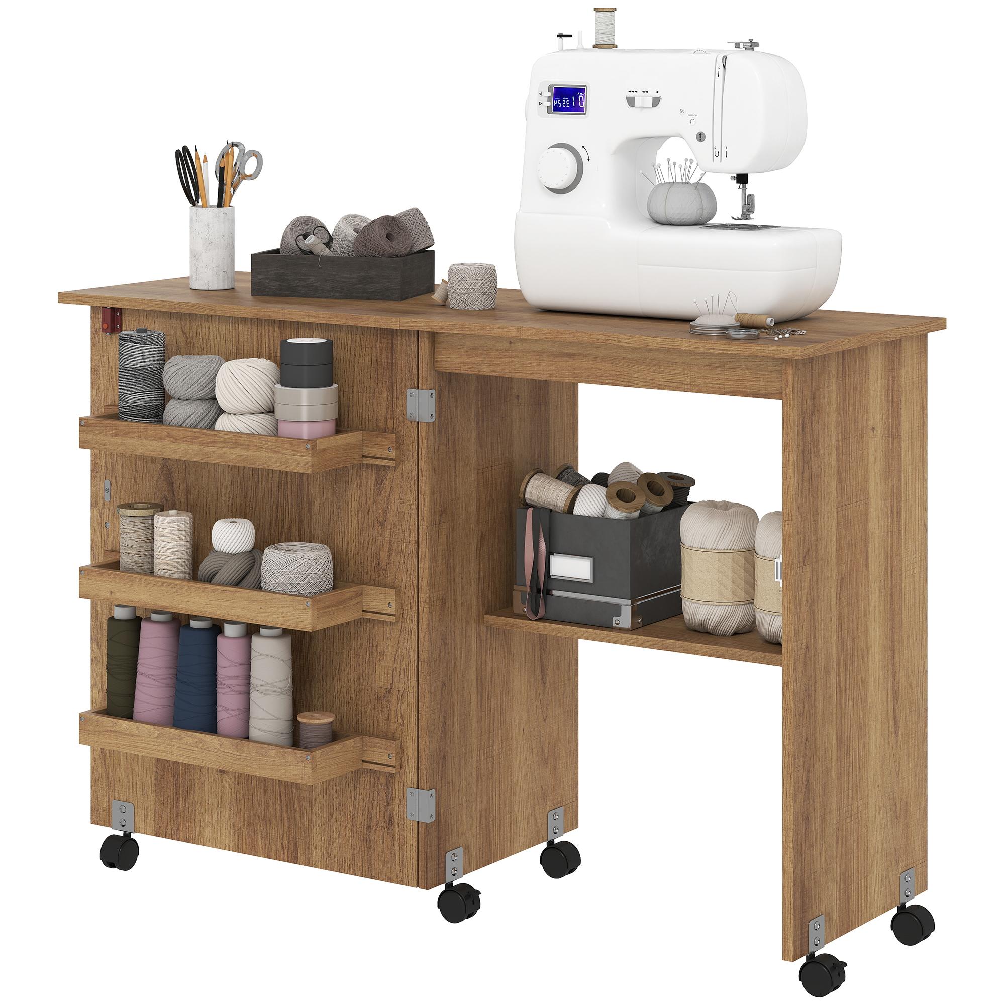 Brown Folding Sewing Cabinet with Storage for Small Spaces
