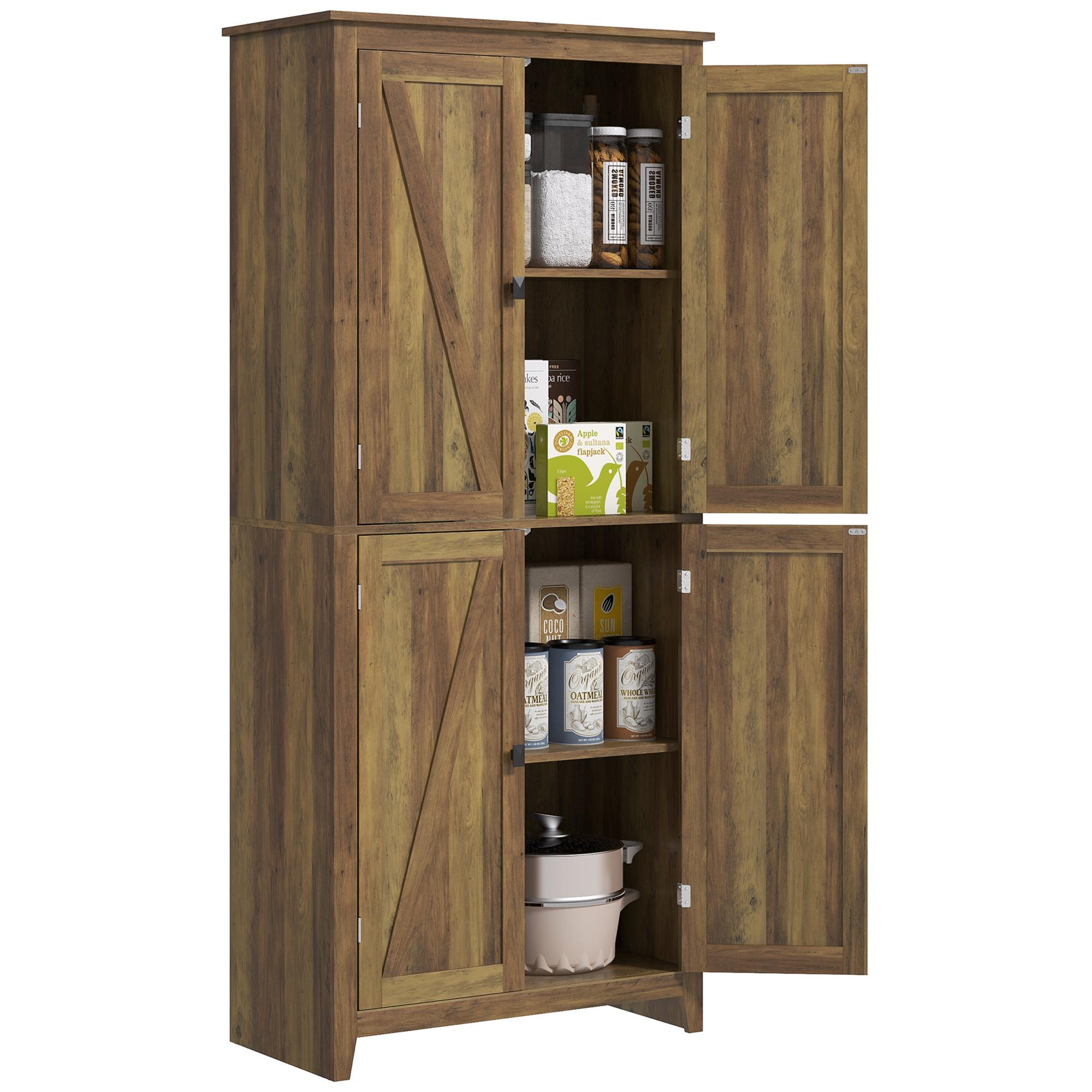Brown Four Door Pantry Cabinet with Adjustable Shelves