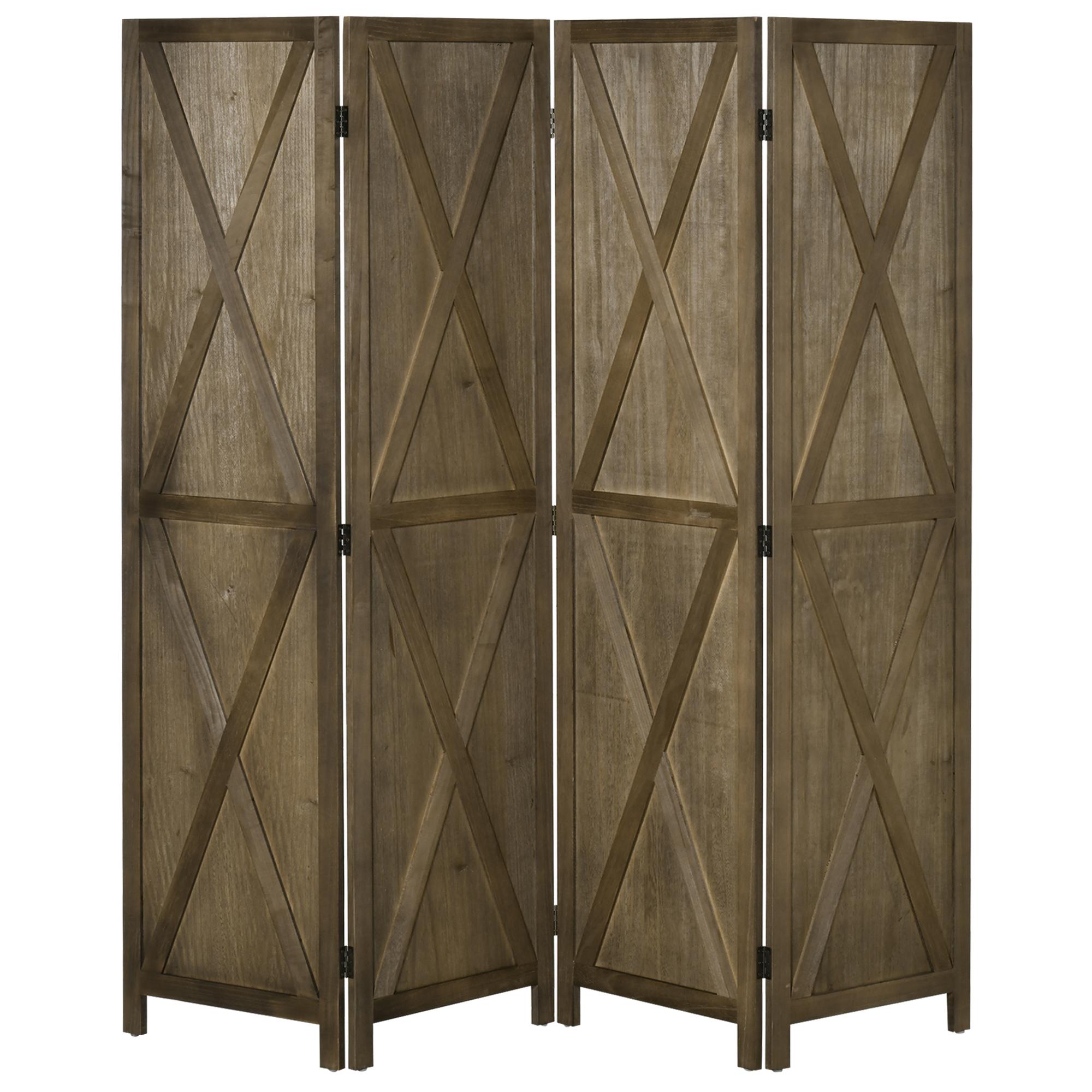 Brown farmhouse four panel screen with foldable wooden frame