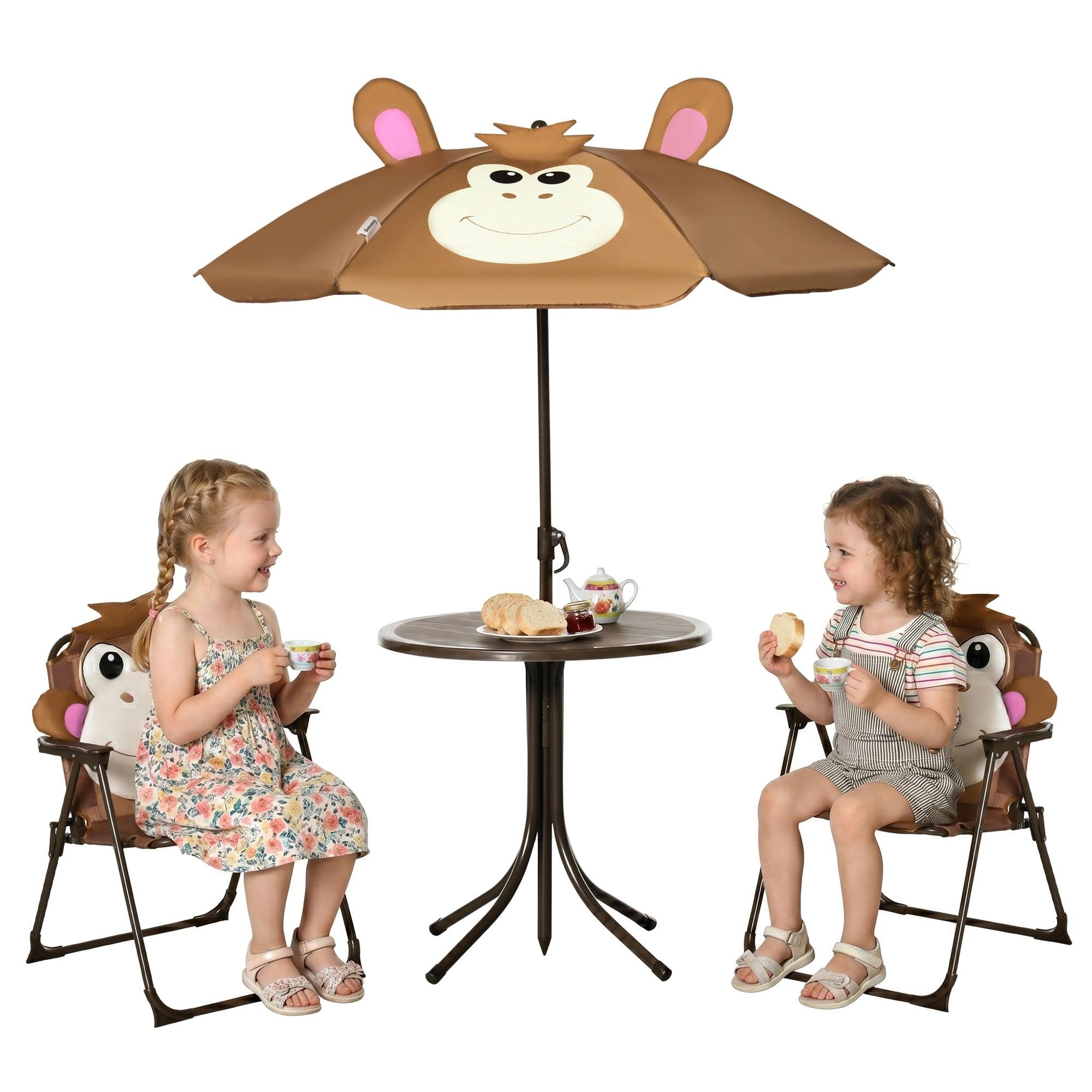 Brown Kids Outdoor Table Set with Folding Chairs and Umbrella