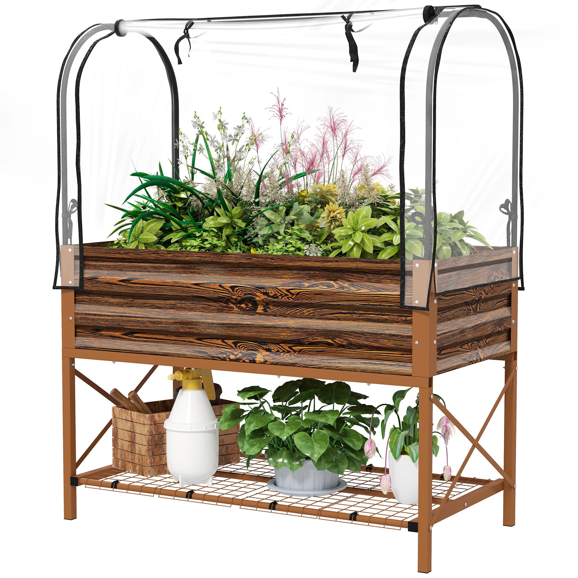 Brown Metal Garden Bed with Cover, Shelf and Liner