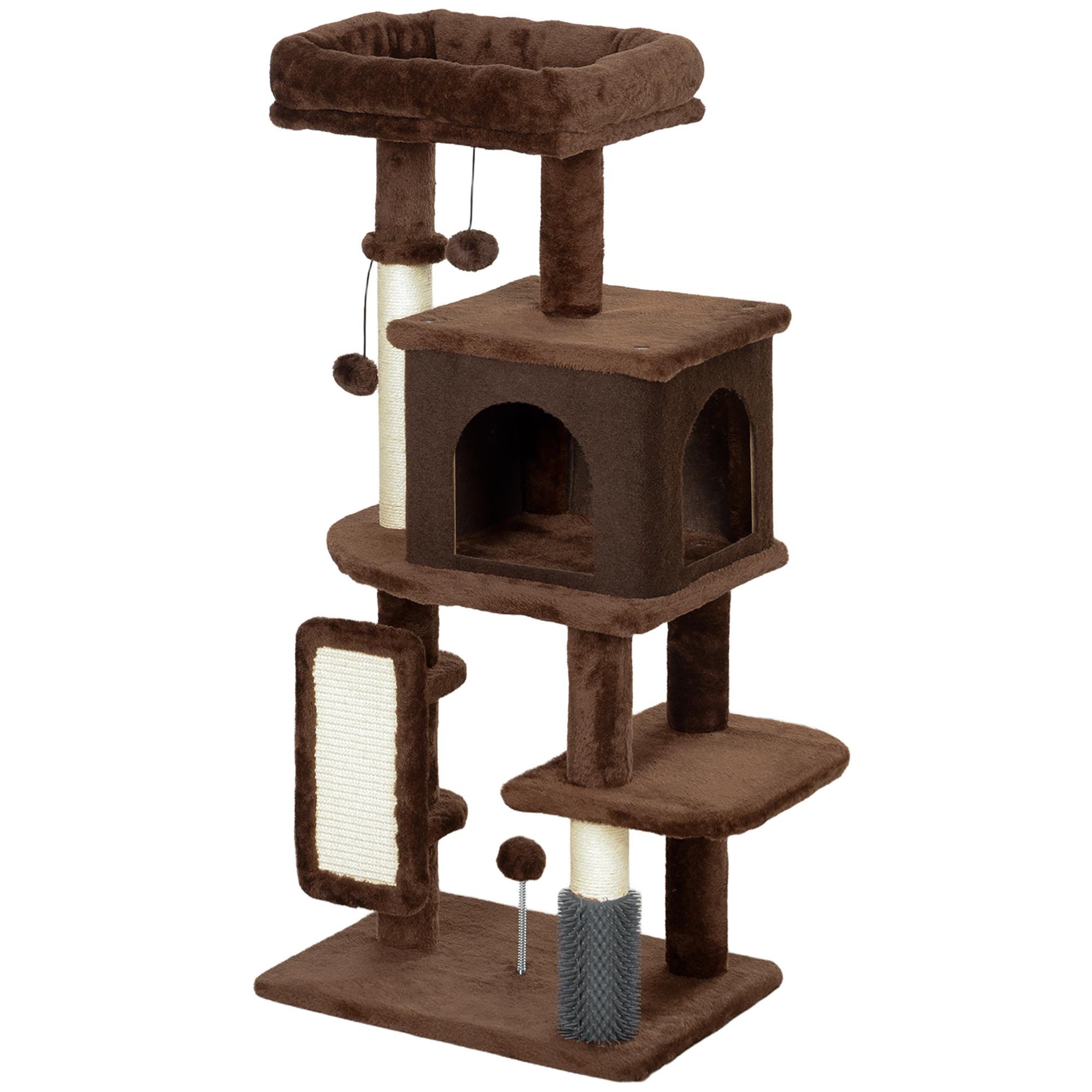Brown grooming cat tower with condo and scratching areas
