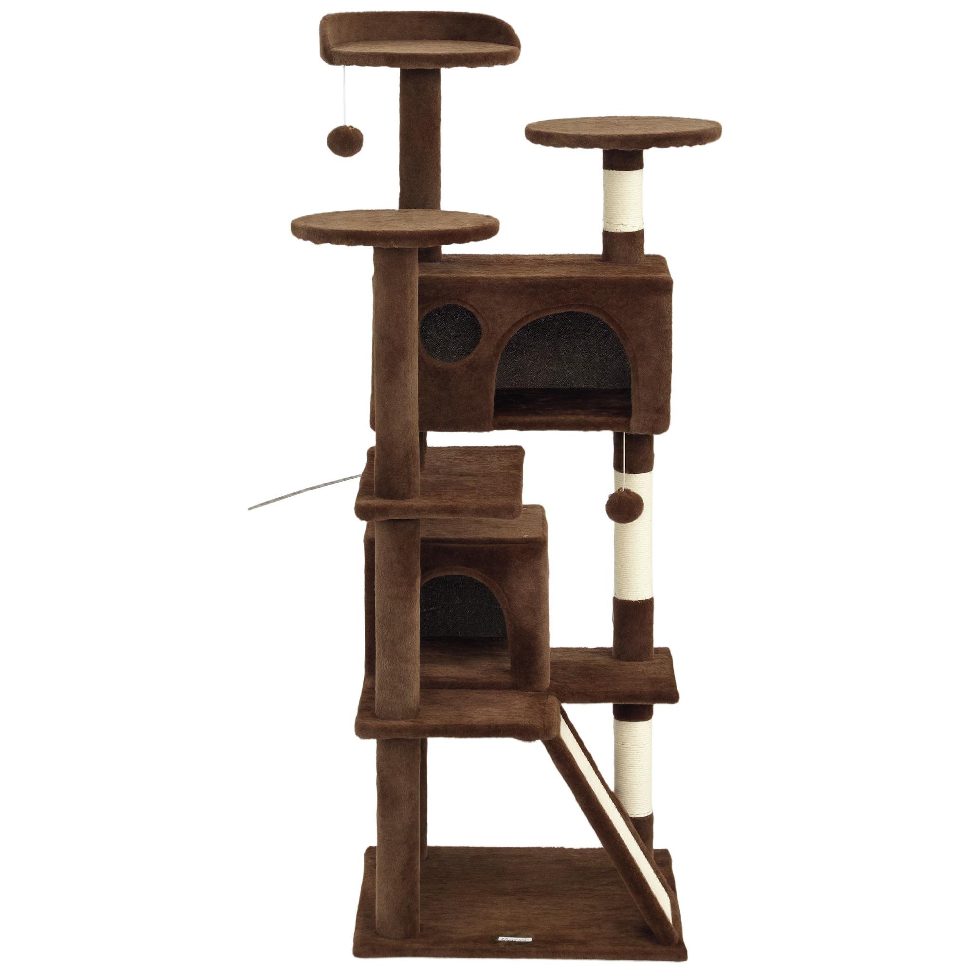 54 Inch Brown Cat Tree with Condos and Scratching Ramp