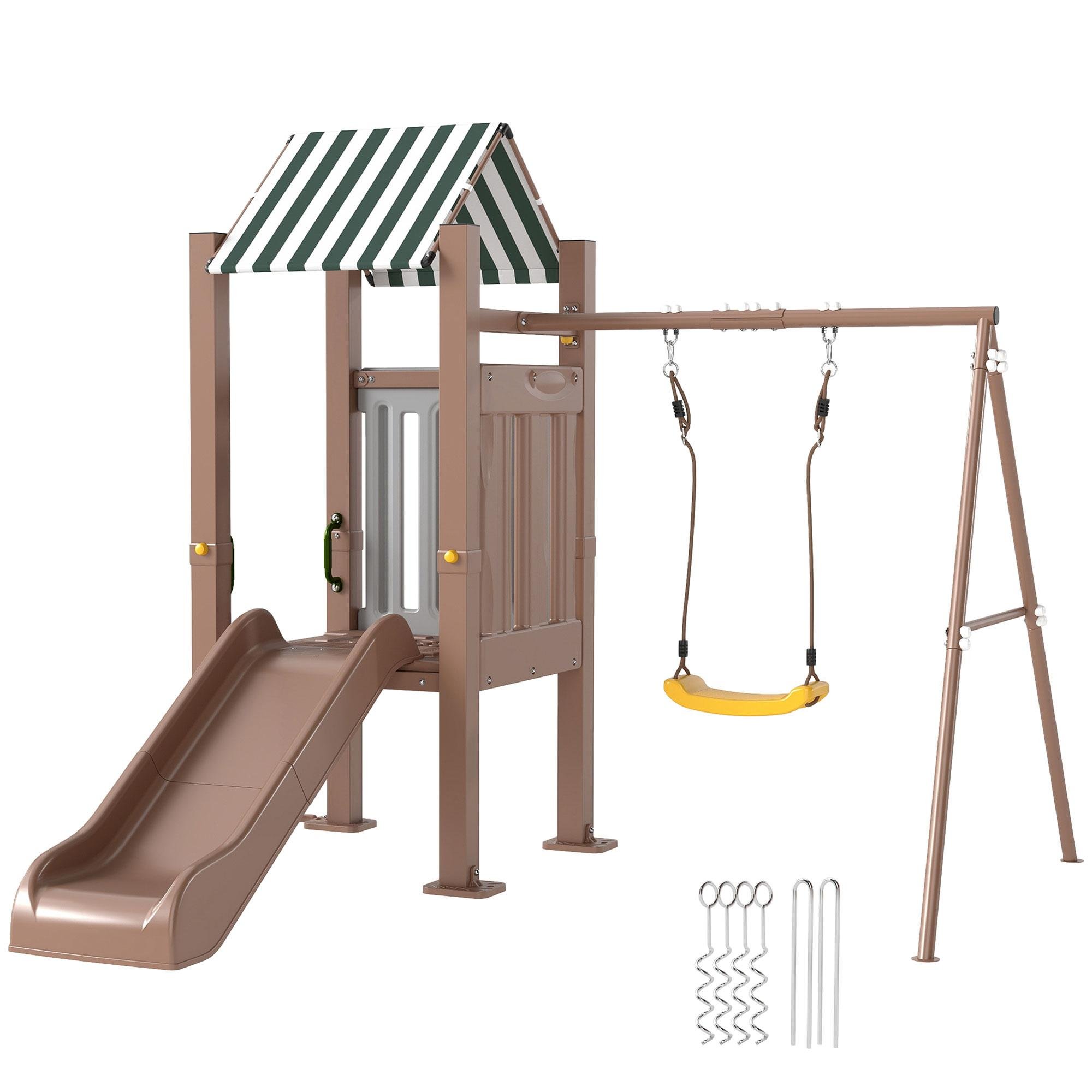 Brown Steel Swing Set with Covered Fort, Slide and Ladder