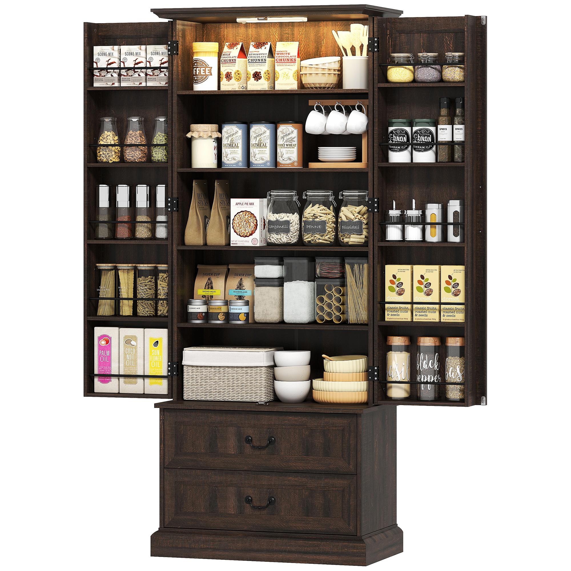 Brown 72 Inch Pantry Cabinet with Rechargeable LED Light