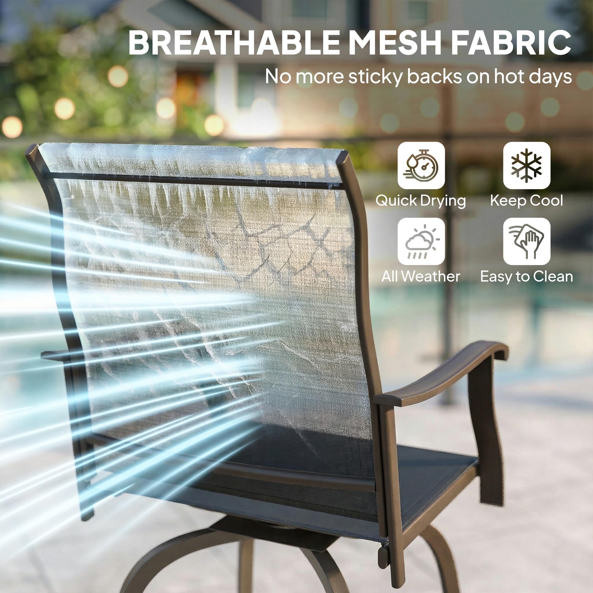 Brown patio bar stool with breathable sling fabric on the seat and back