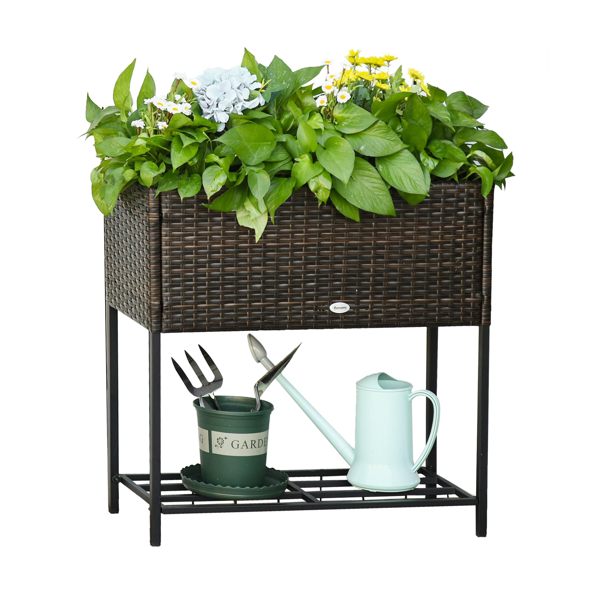 Brown PE Rattan Planter Box with Storage Shelf, 27.5 in