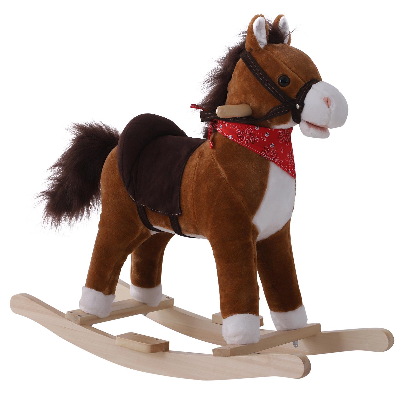 Plush Rocking Horse with Tail Sounds and Wooden Base