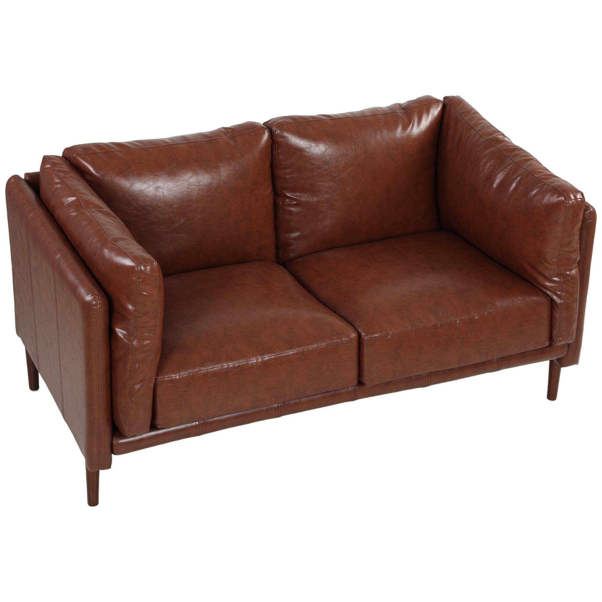 Brown Faux Leather Sofa with Wide Seat for Small Spaces