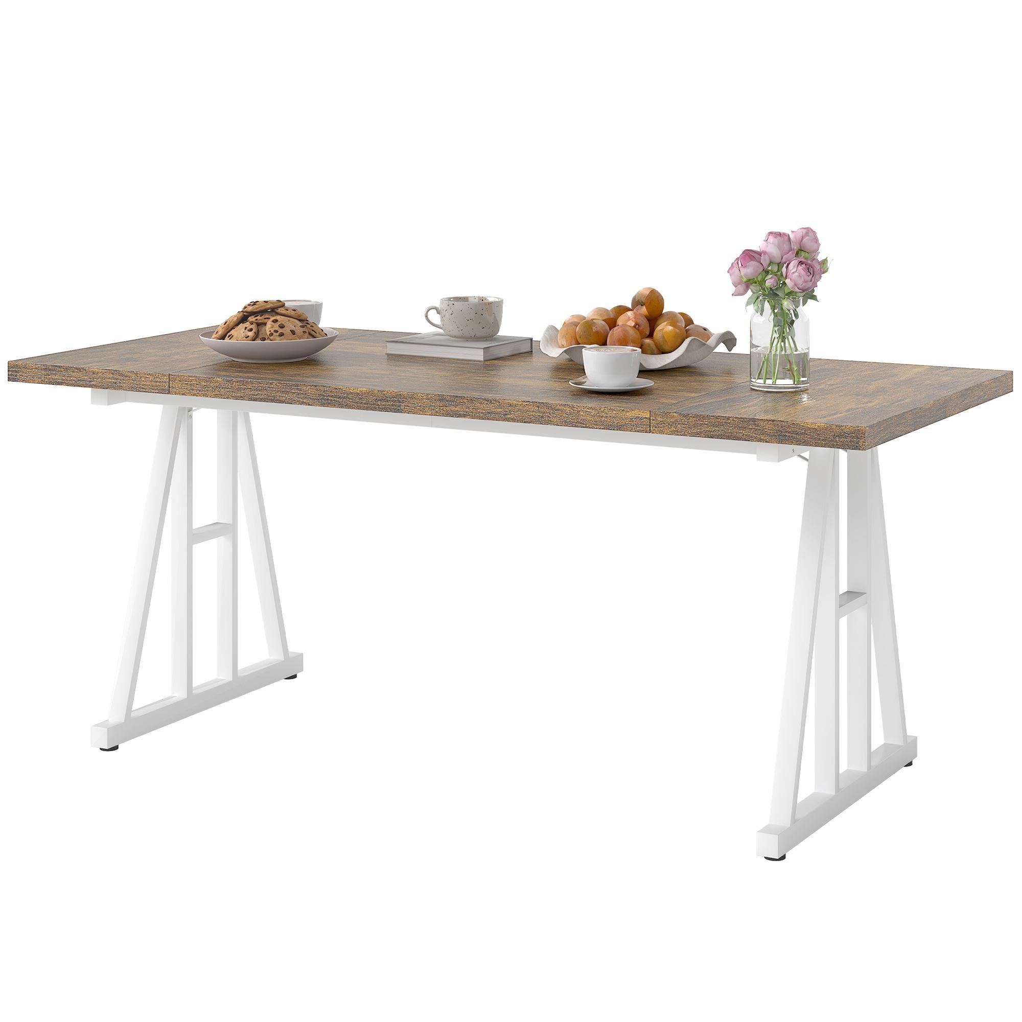 Brown White Farmhouse Table with Thick Top for 8