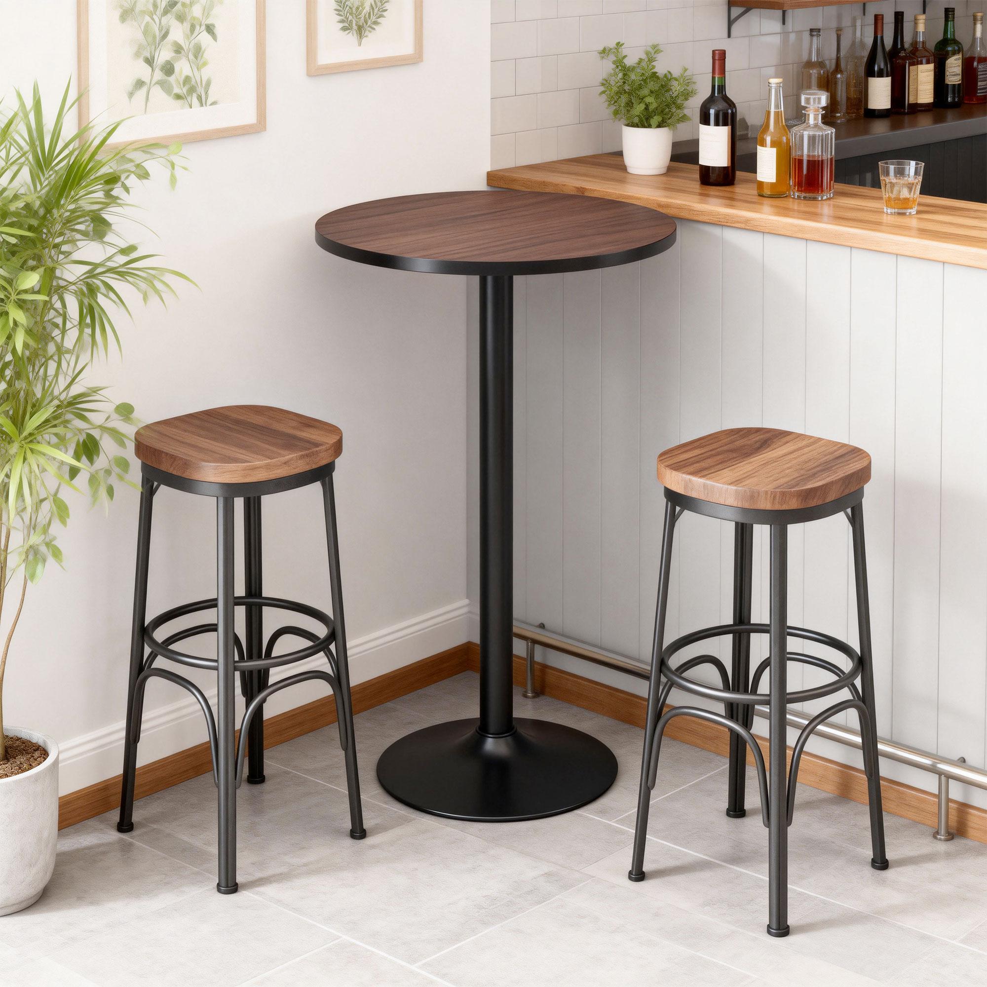 Brown Elm Bar Table with Black Metal Base for Kitchens