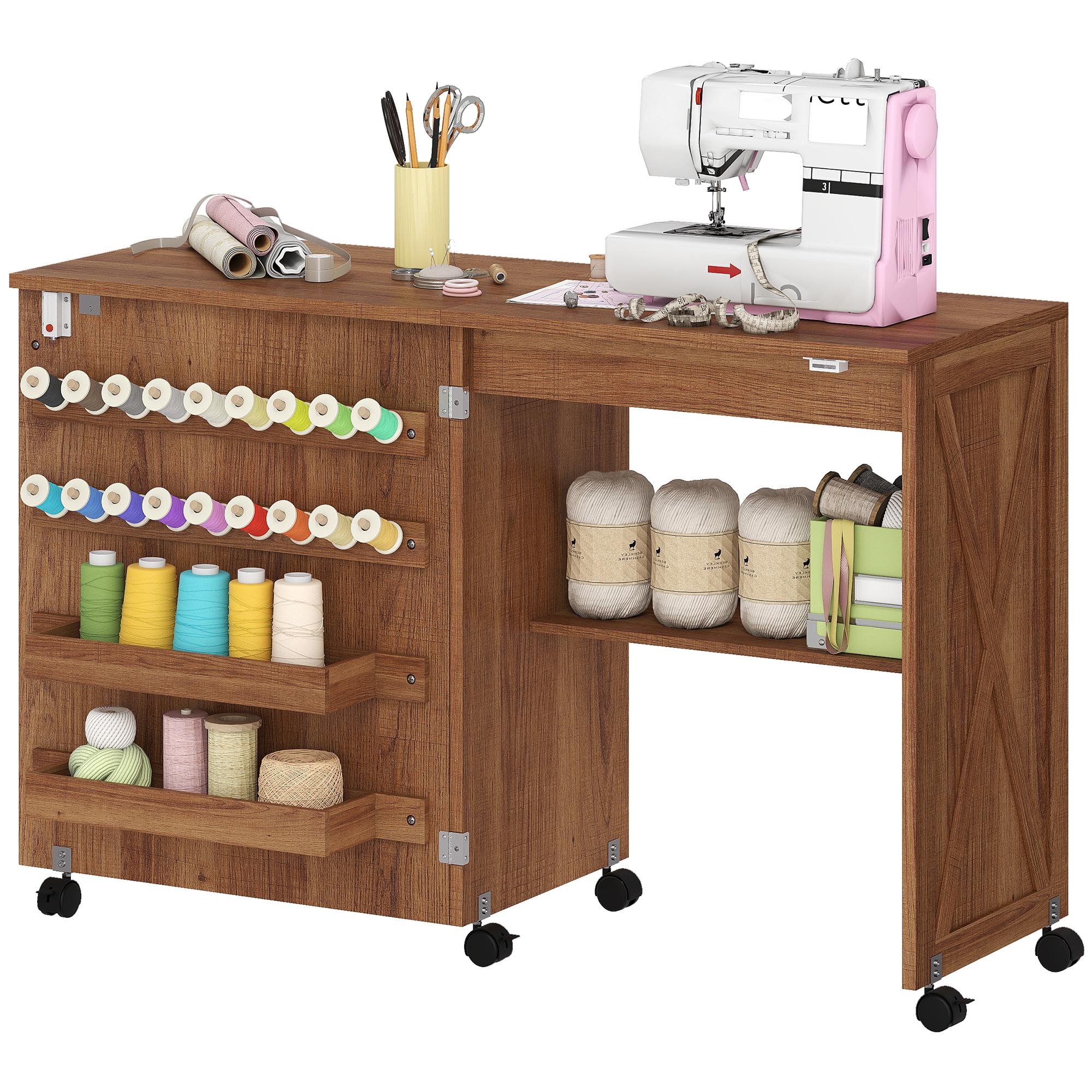 Brown Mobile Sewing Table with Folding Storage Cabinet