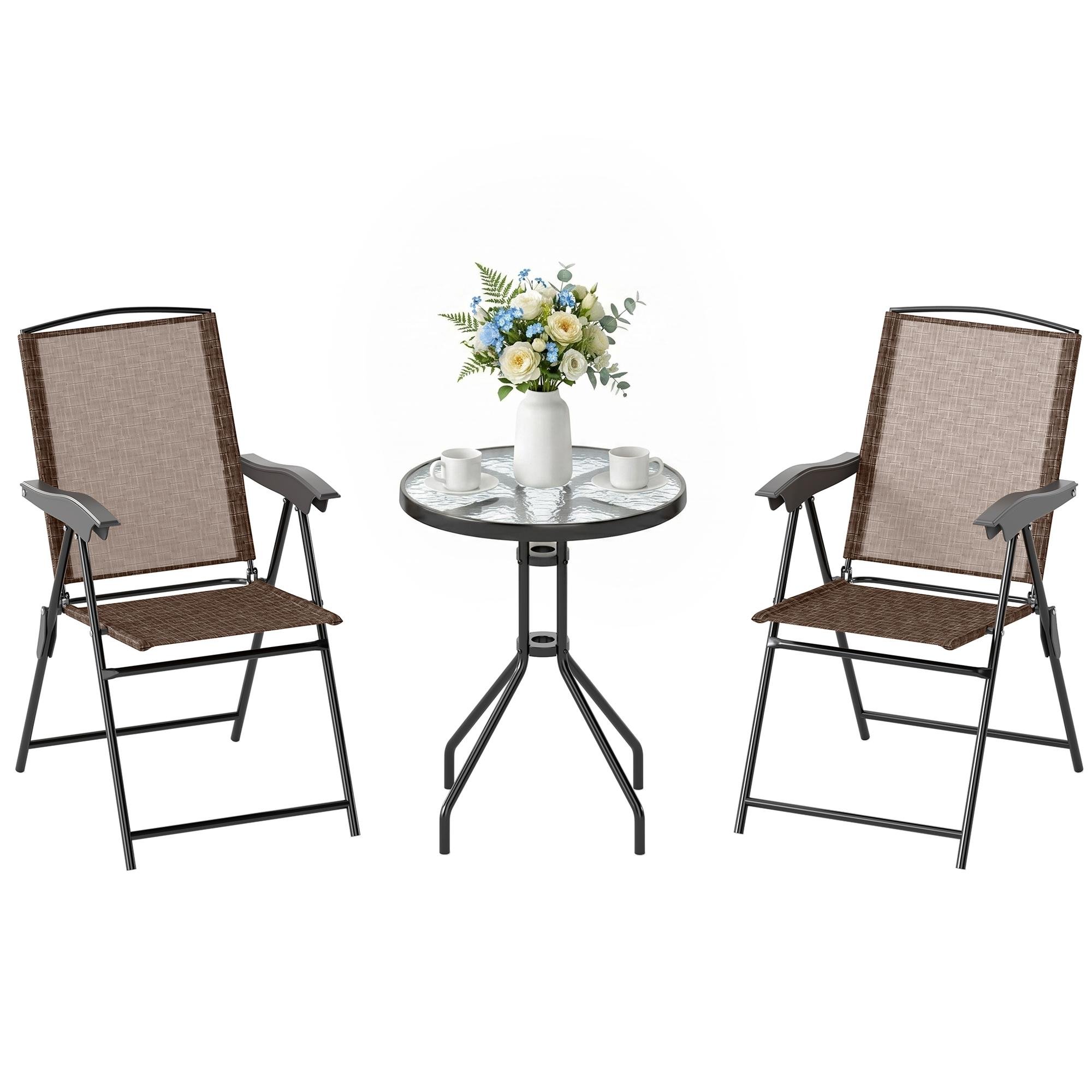 Brown Steel Bistro Set with Folding Chairs and Glass Table