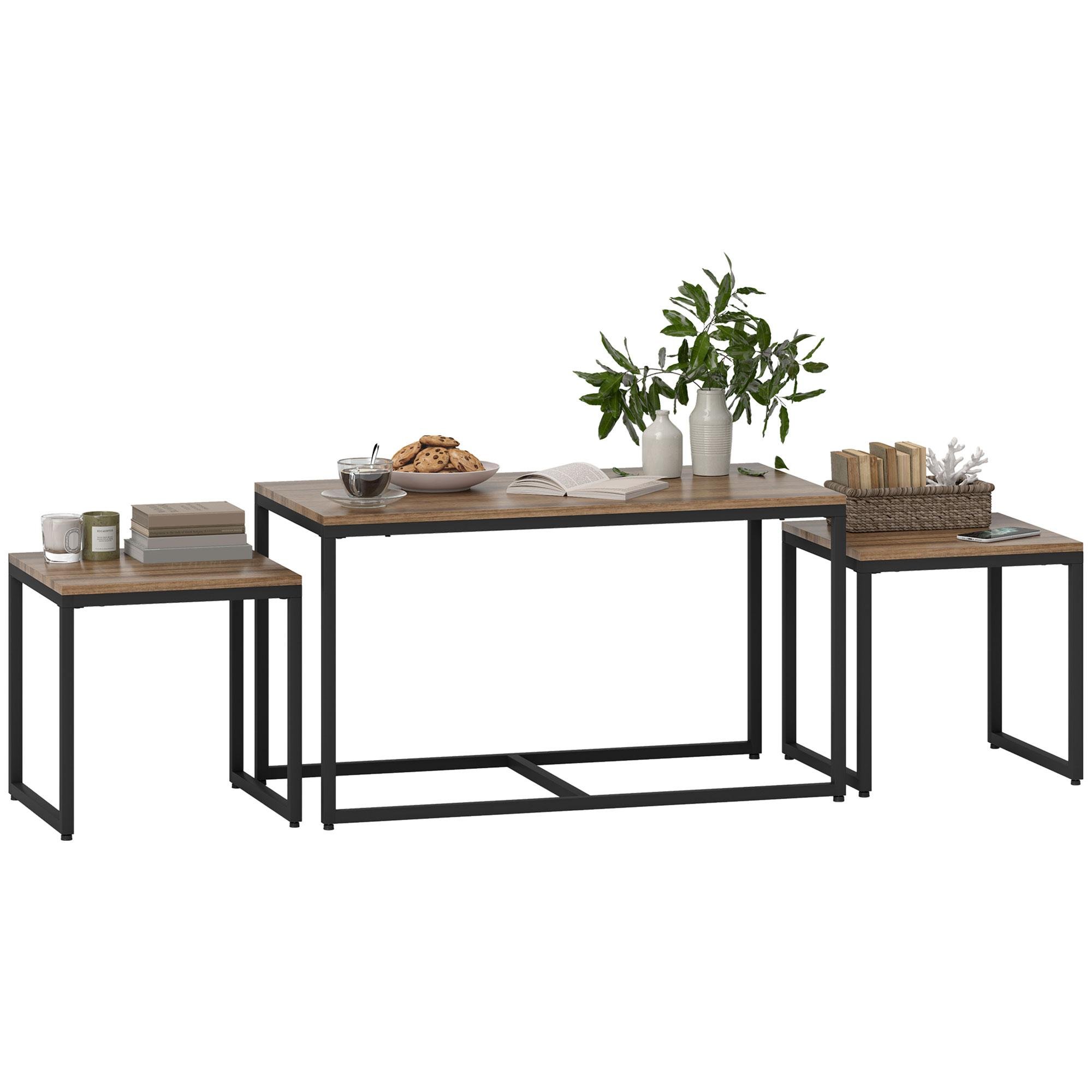 Brown Nesting Table Set of 3 with Black Metal Frame