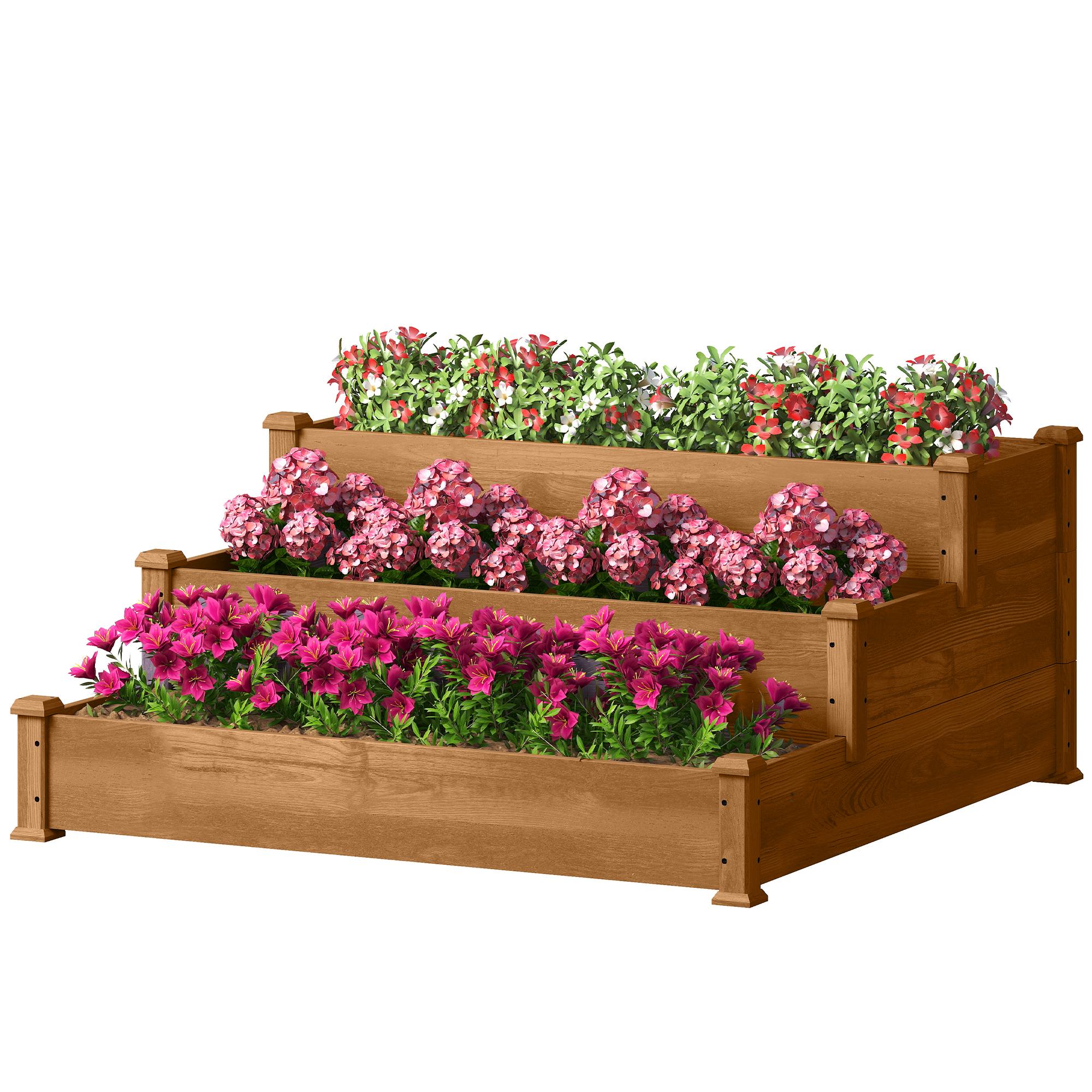 Brown Fir Wood Tiered Planter, 3-Level Garden Bed