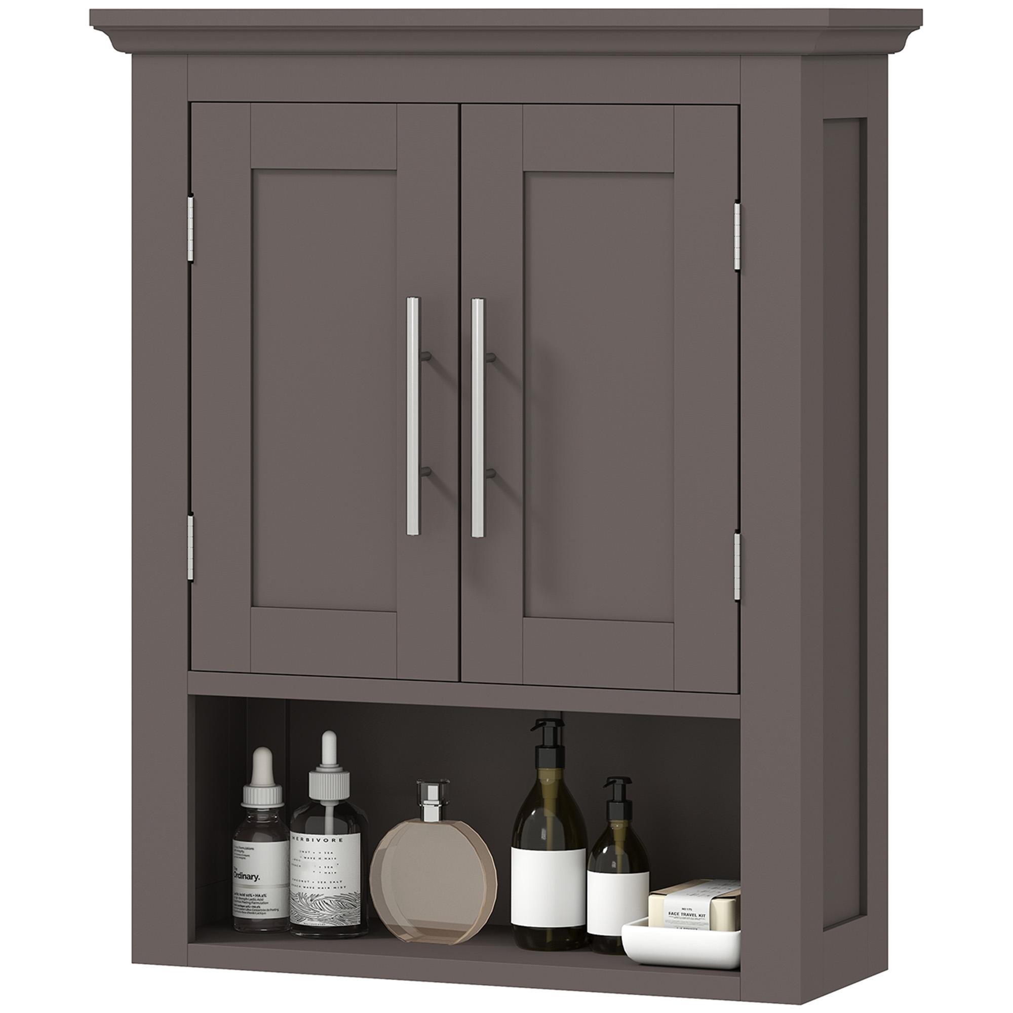 Brown crown molding wall cabinet with shelf for bathrooms