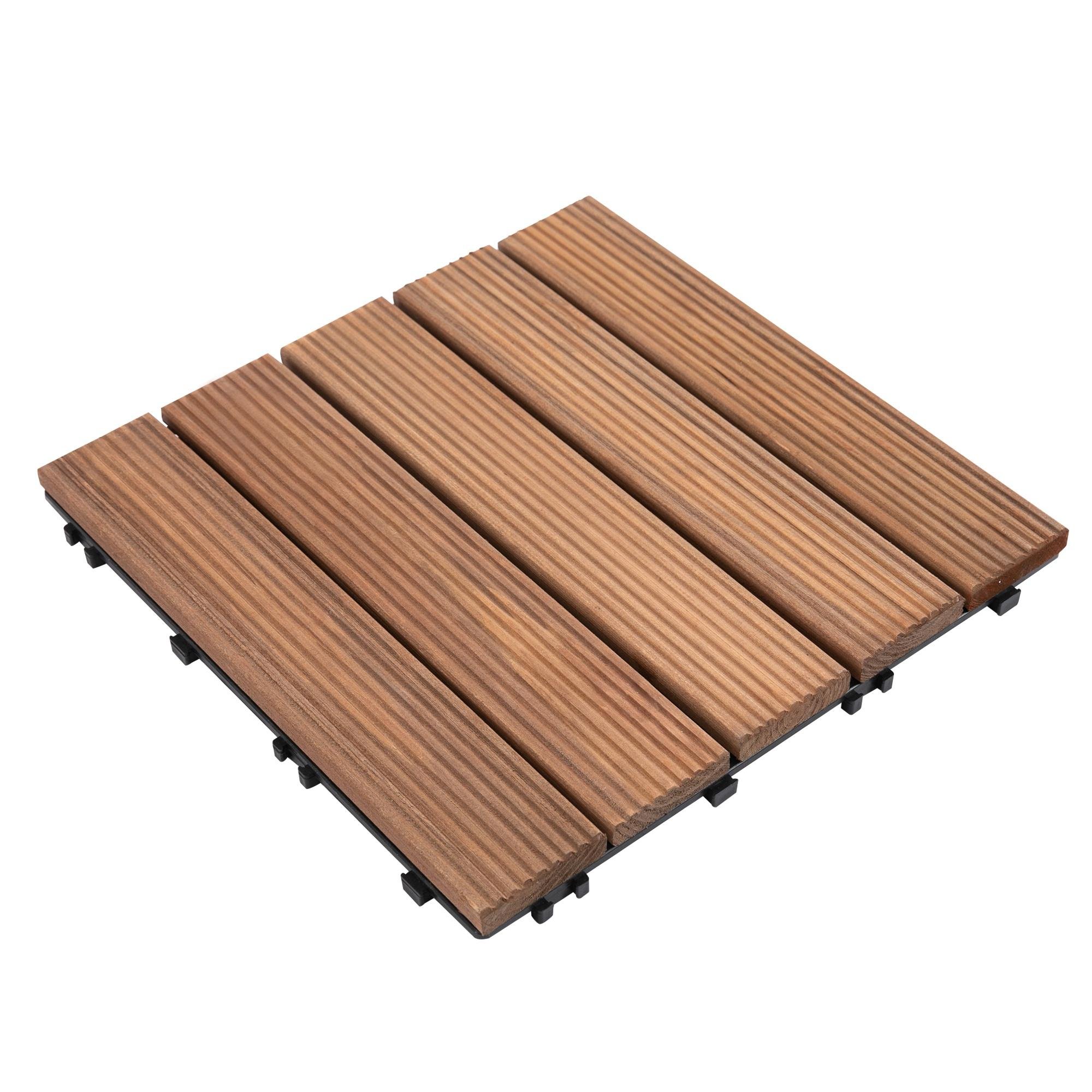 Brown Fir Wood Deck Tiles, Interlocking 27-Piece Set