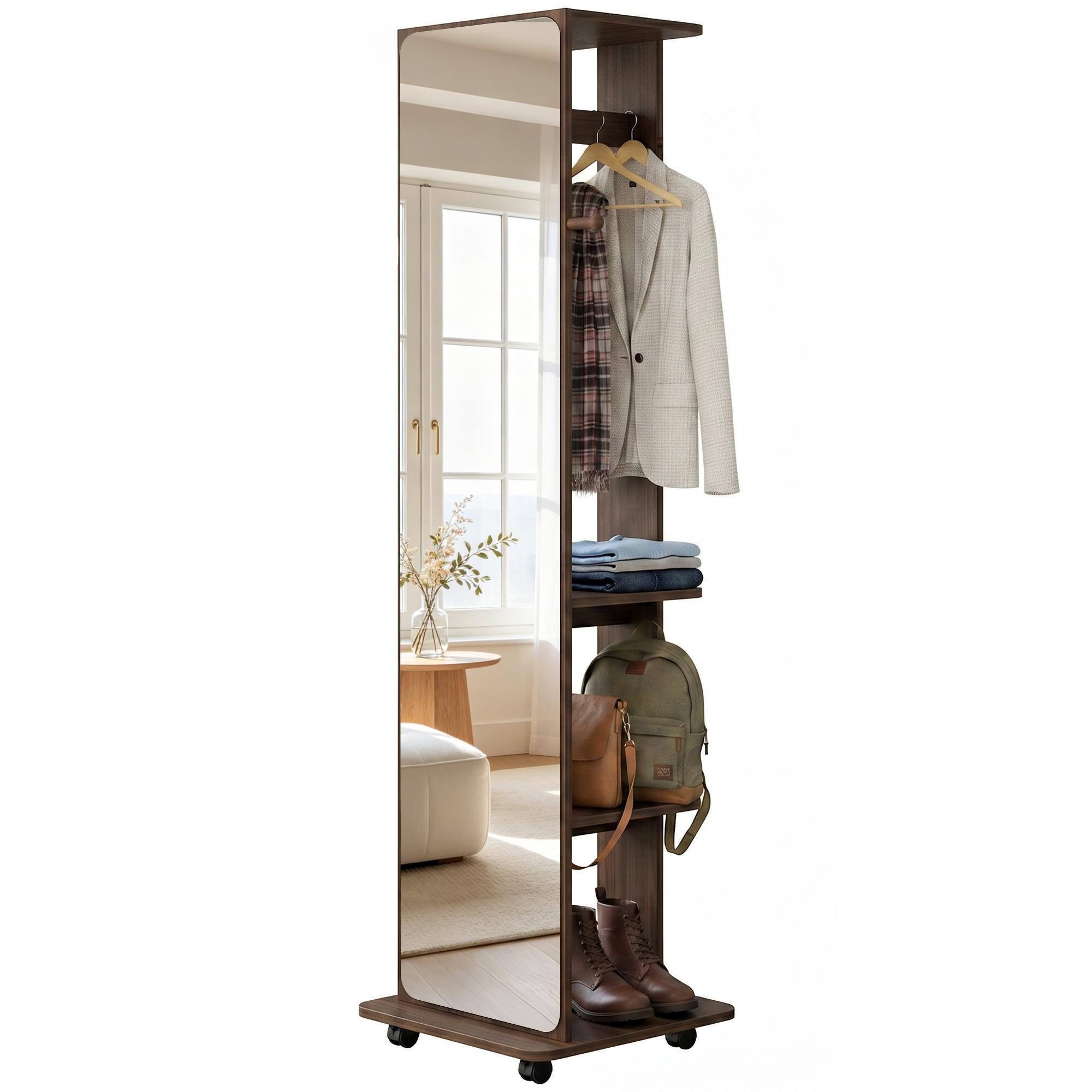 Brown Wood Grain Storage Mirror with Full-Length View