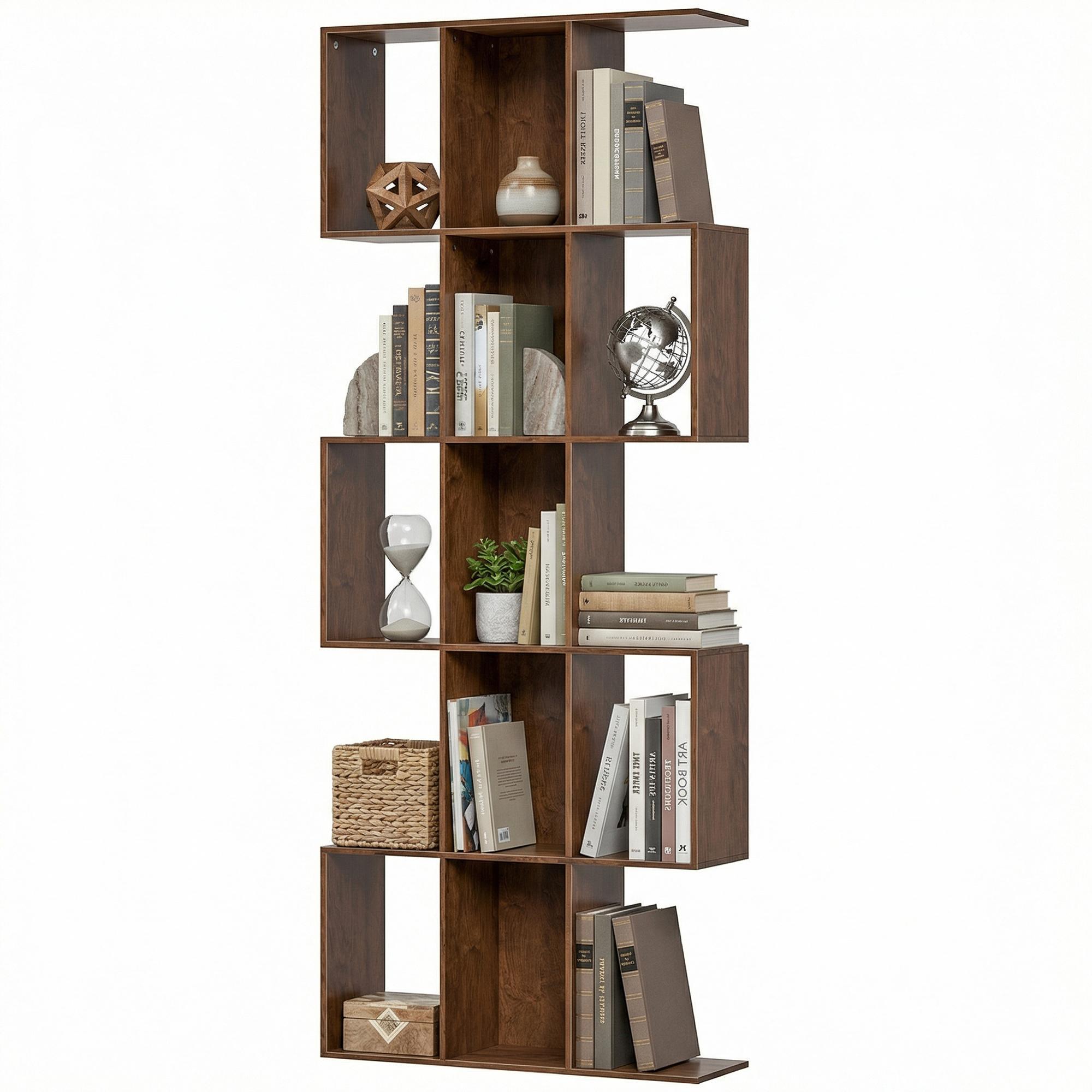 Brown Wood Grain S Bookshelf, 15-Compartment Display