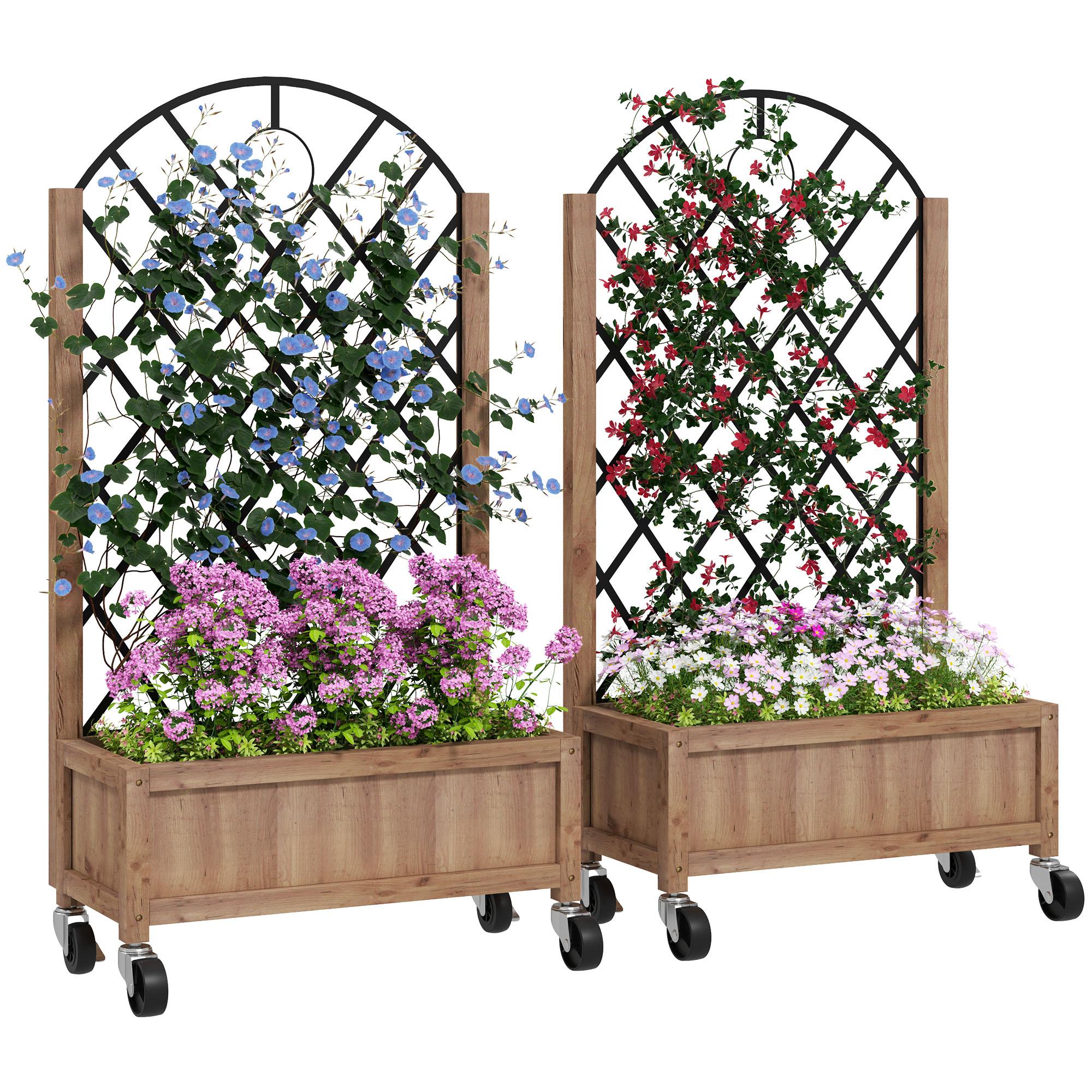 Brown Fir Wood Trellis Planter with Wheels