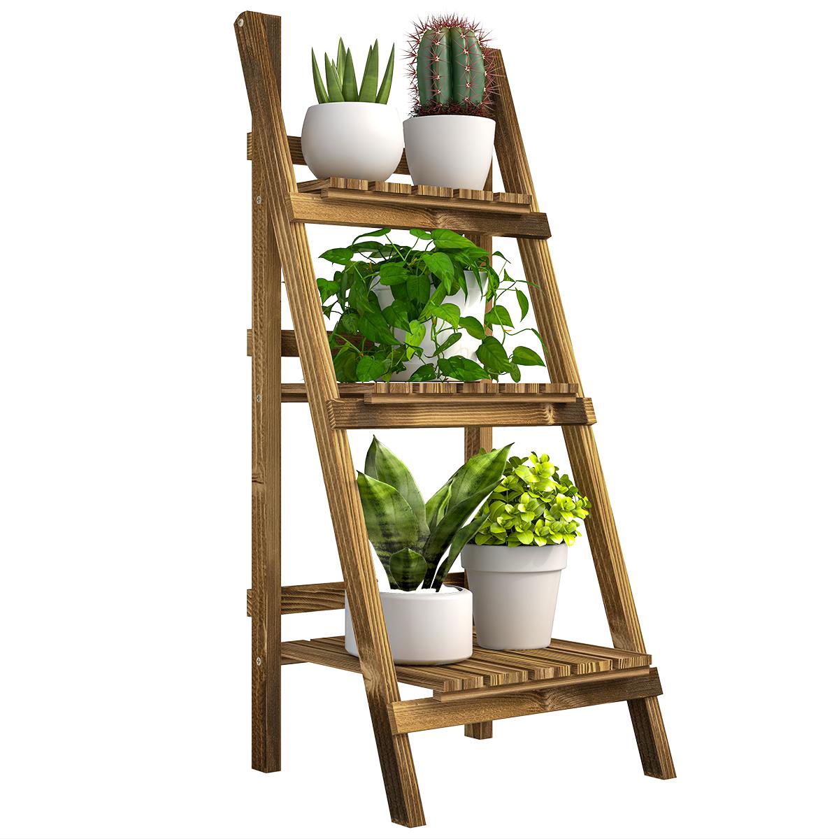 Brown Wooden 3-Tier Plant Stand, Foldable 15.75 in