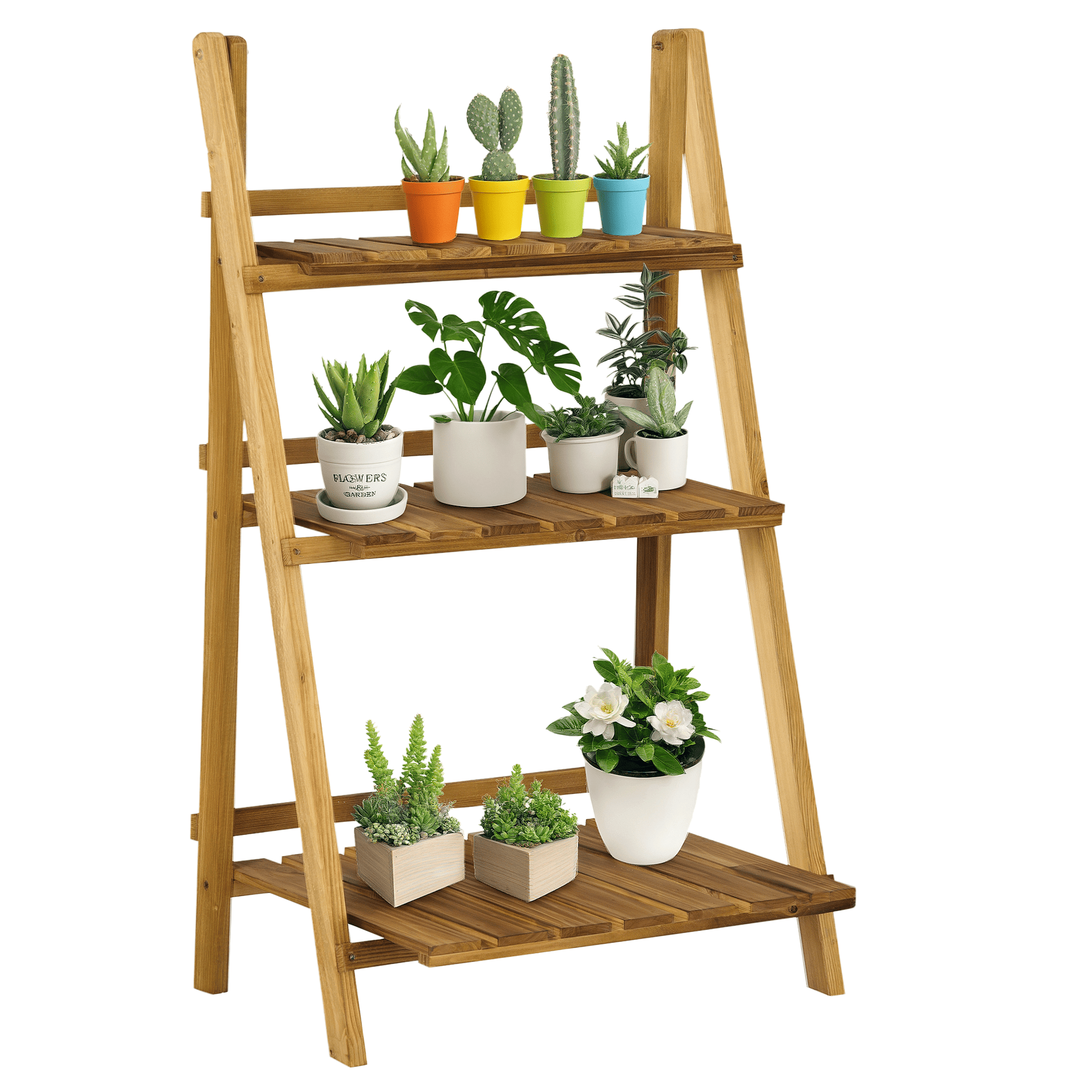 Brown Foldable Plant Stand, 3-Tier Wooden Display