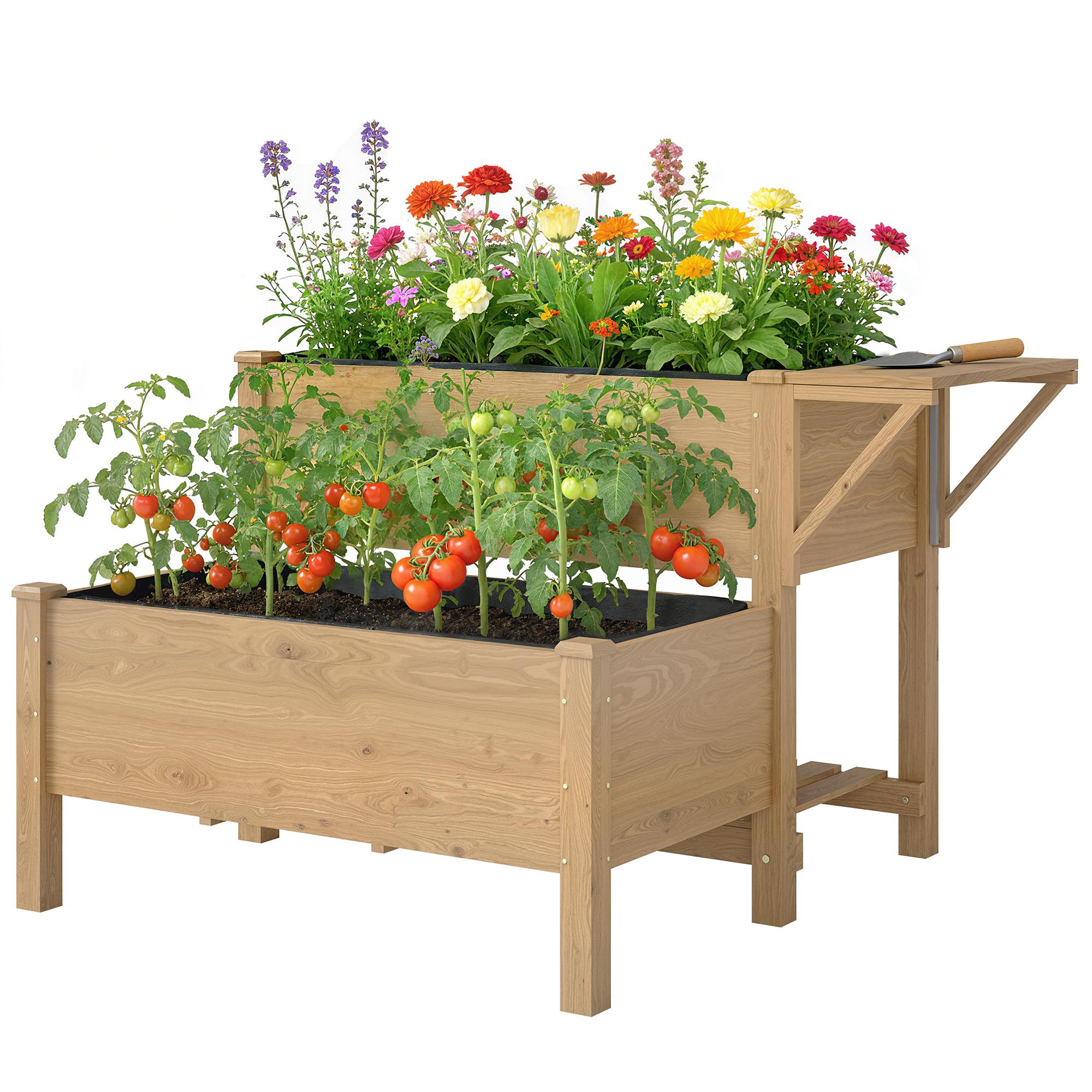 Brown Fir Two Tier Planter with Storage Shelf, 30.1-Inch Height