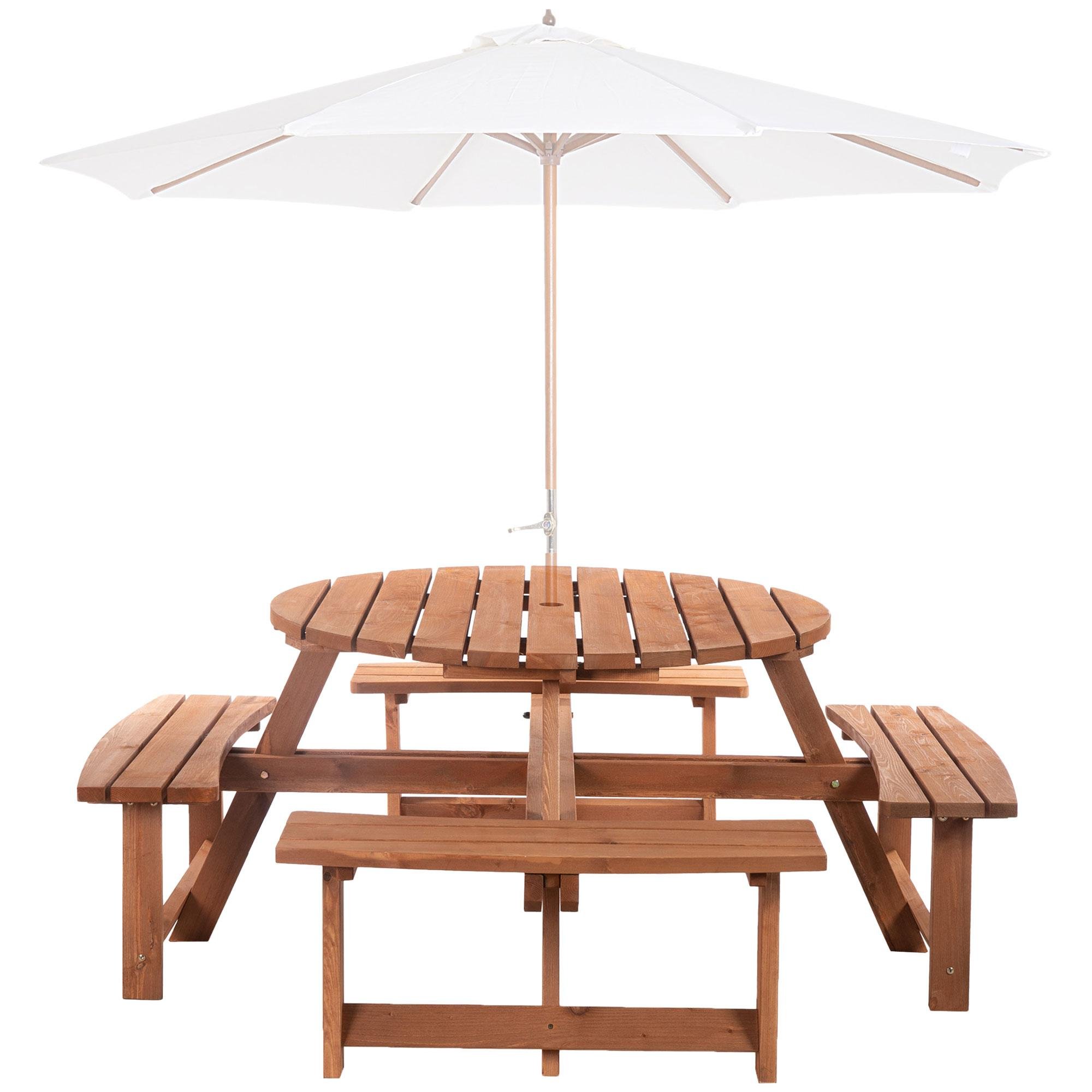 Brown Fir Wood Dining Set with Parasol Hole for 8