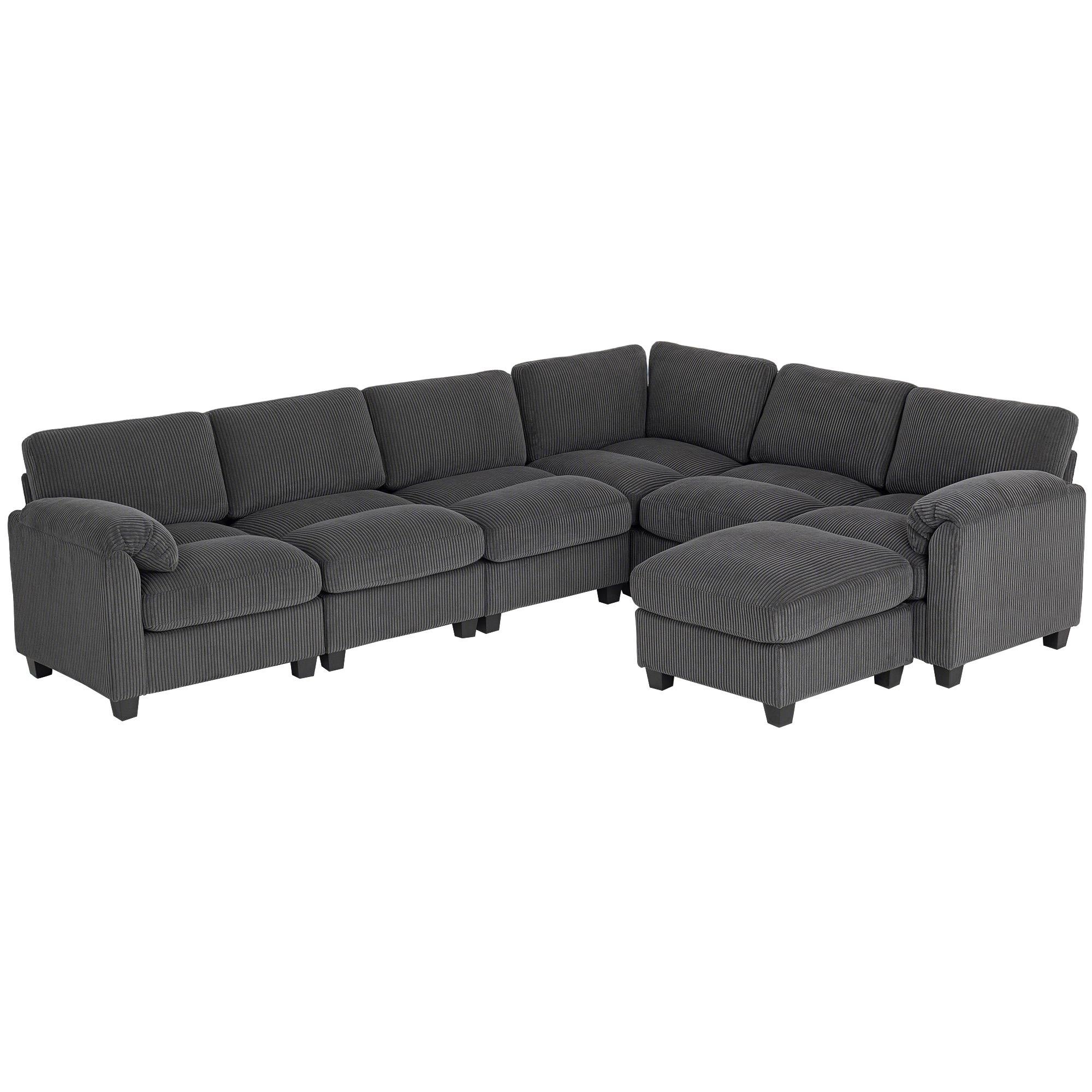 Charcoal Grey Modular Corduroy Sofa, 115-Inch U-Shaped