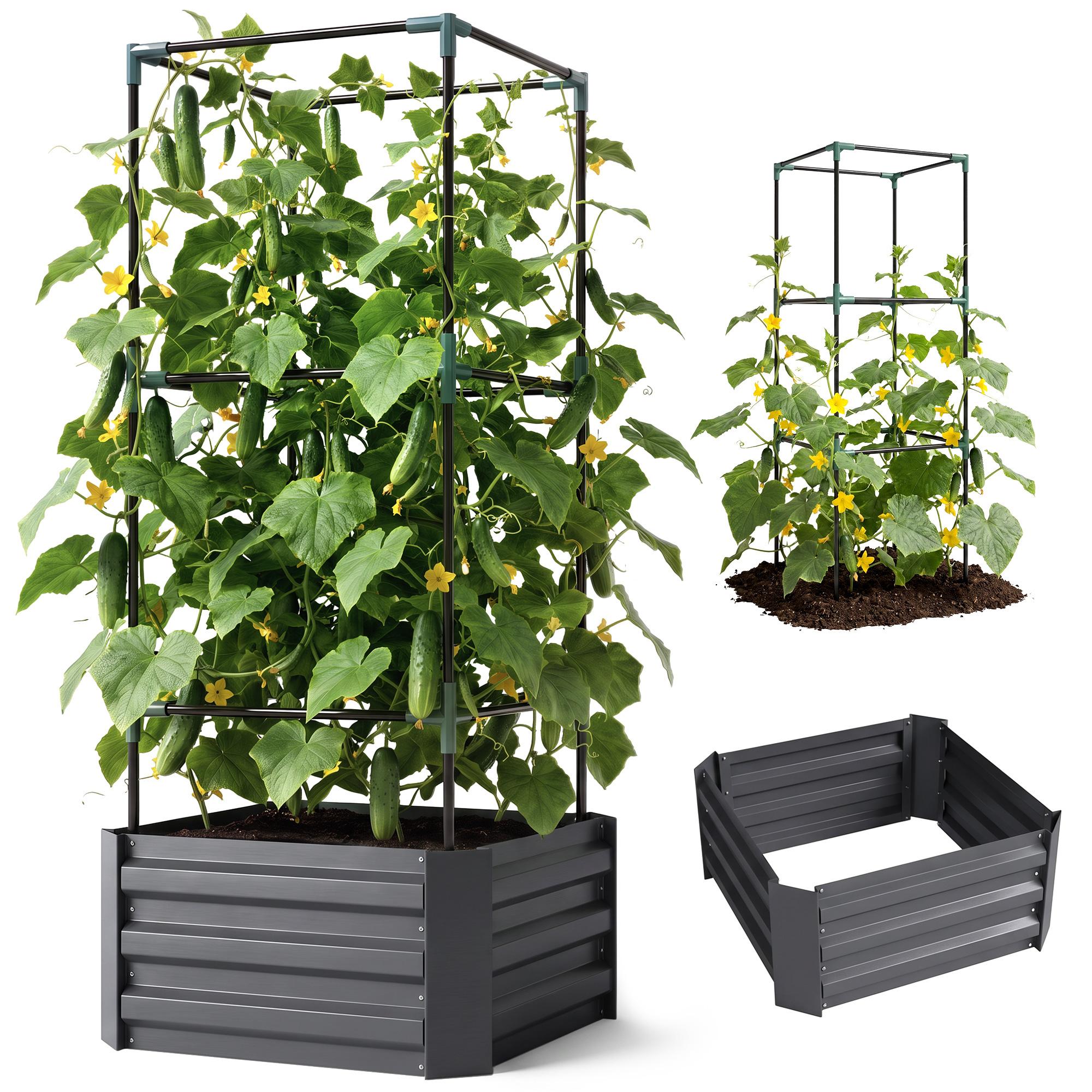 Charcoal Grey Steel Trellis Bed, 3-Tier Garden Planter