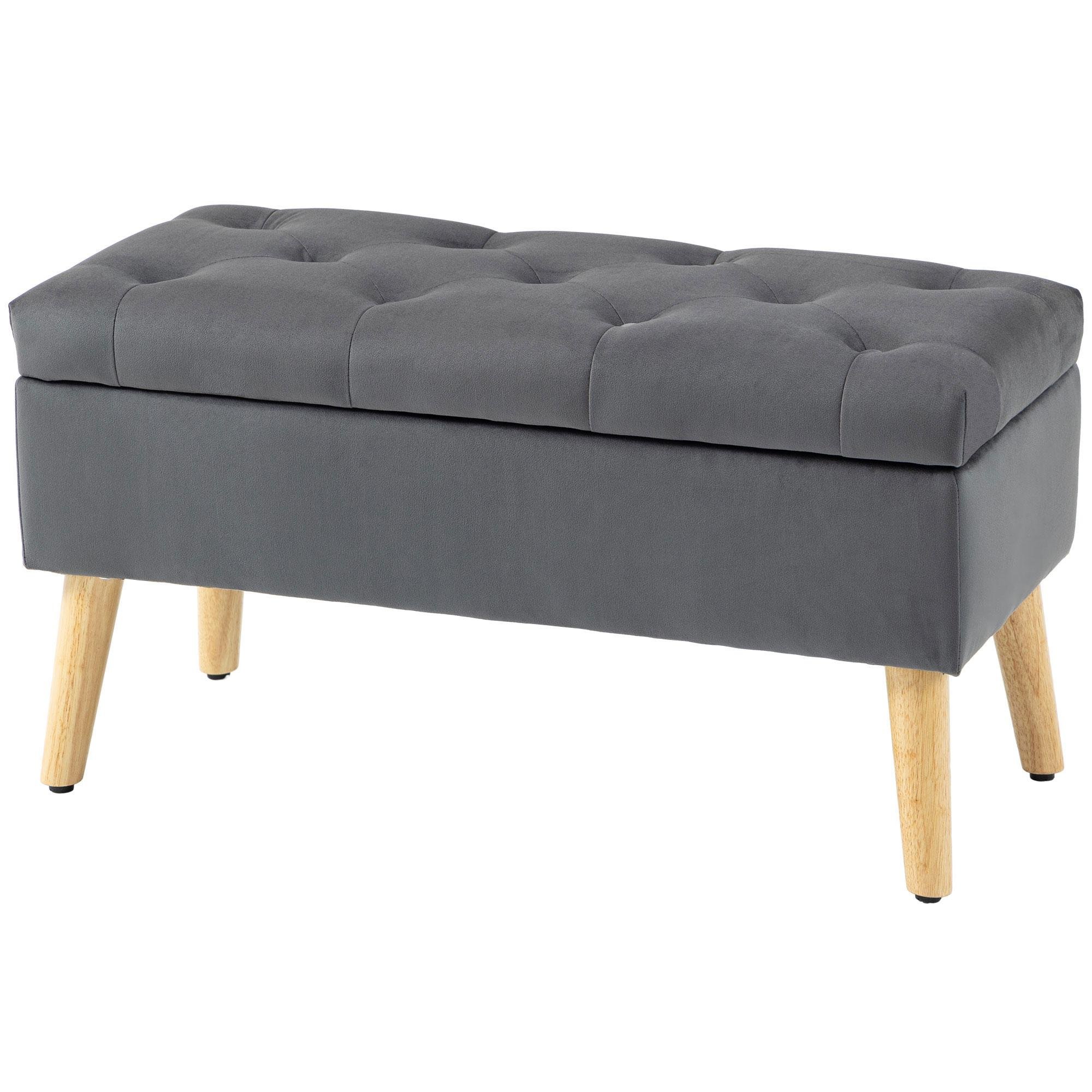 Charcoal Grey Velvet Bench with Hidden Storage
