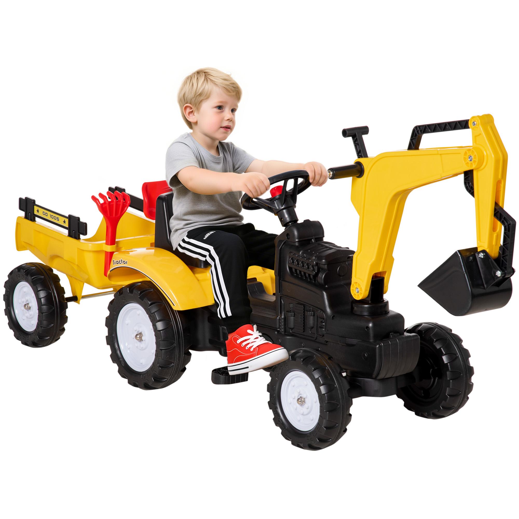 Yellow Pedal Tractor Excavator with Manual Digging Arm