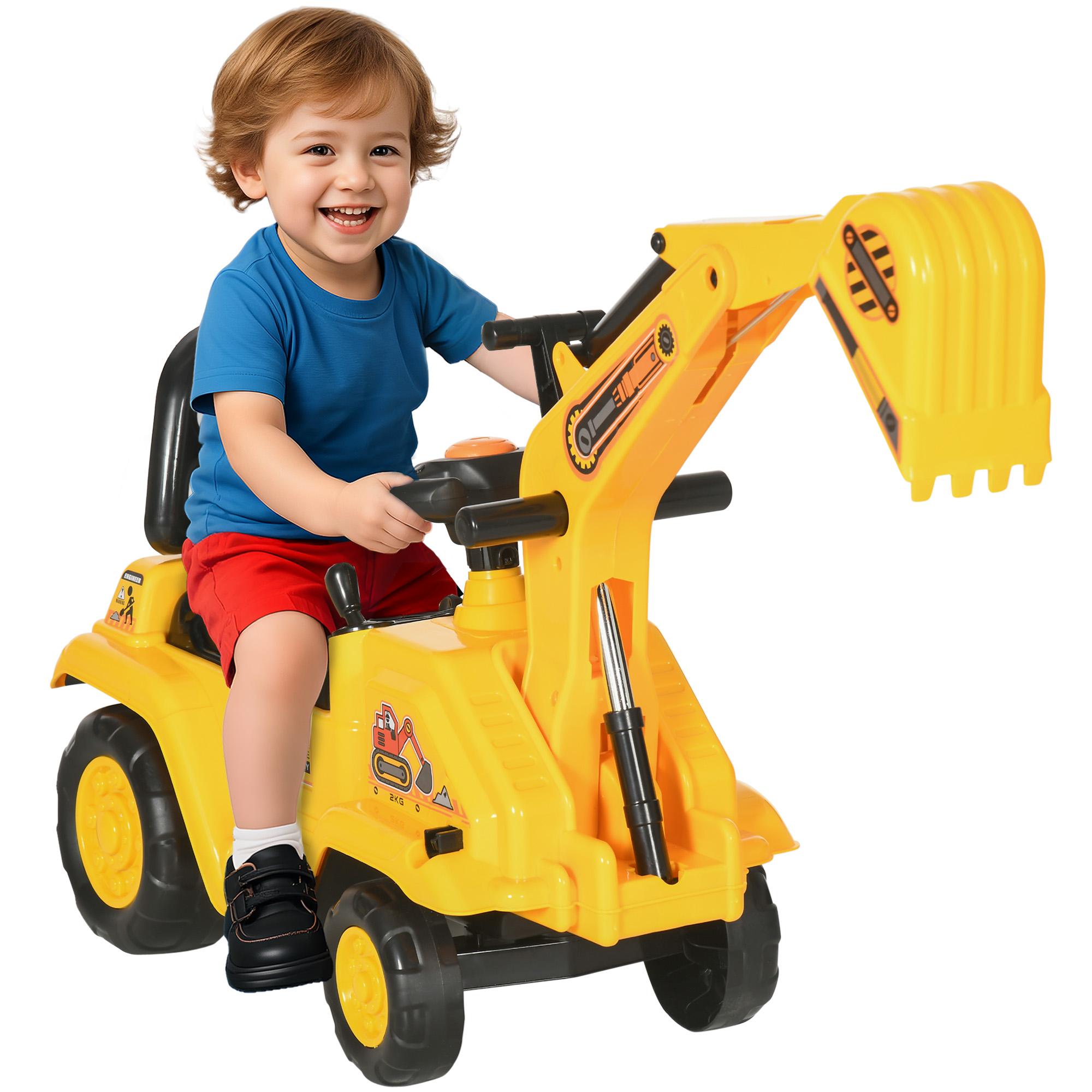 Yellow Ride-On Excavator with Working Bucket and Horn