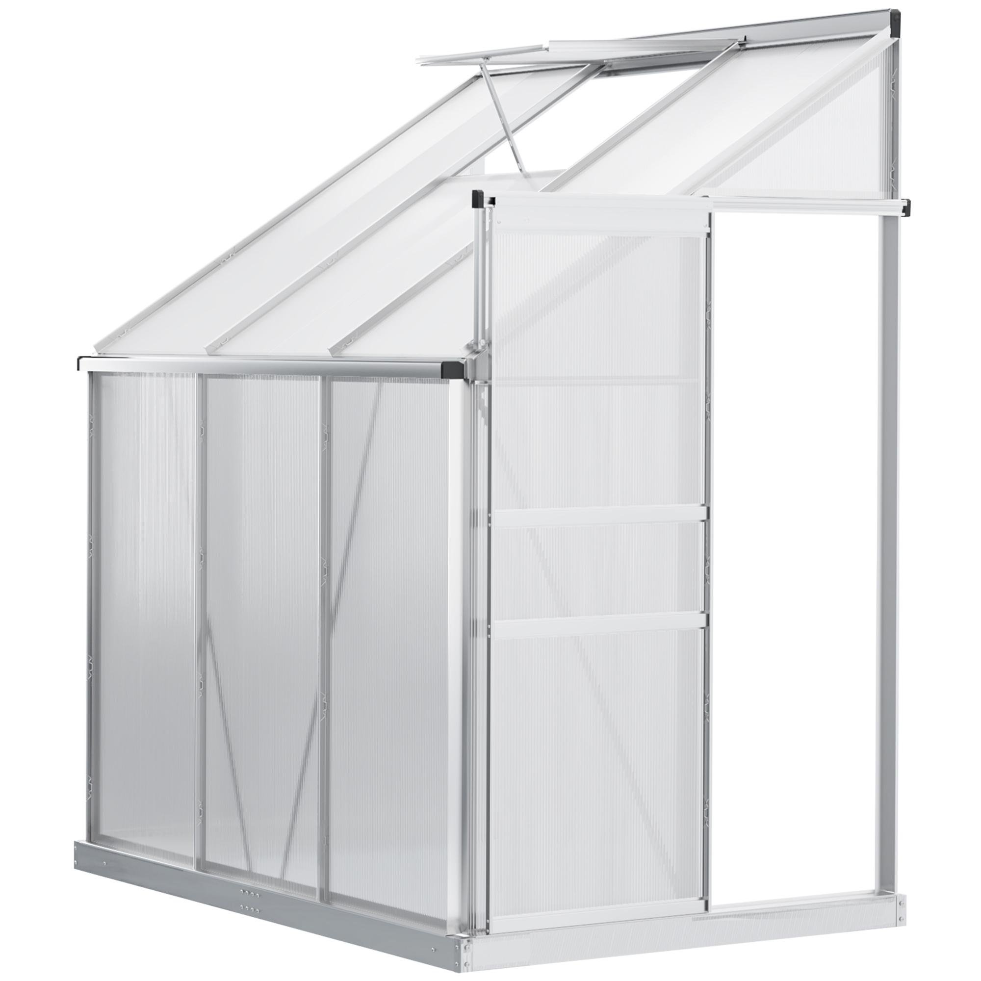 Silver Lean-to Greenhouse with Polycarbonate Panels, 6.3 x 4.2 x 7 ft