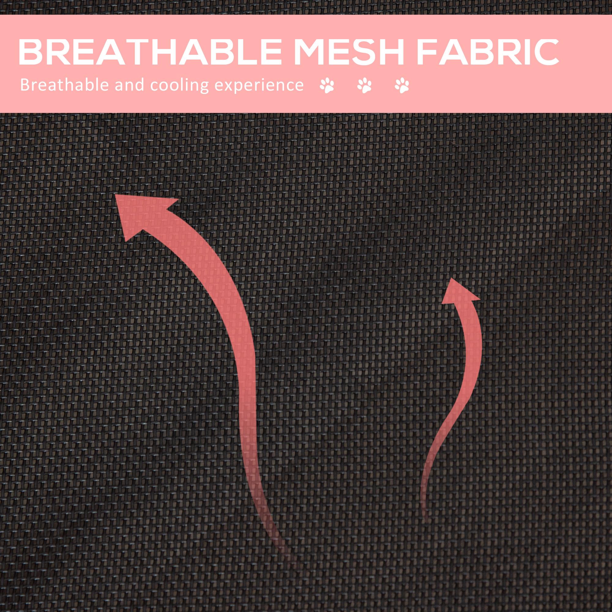 Close-up of breathable mesh fabric on a red elevated dog cot